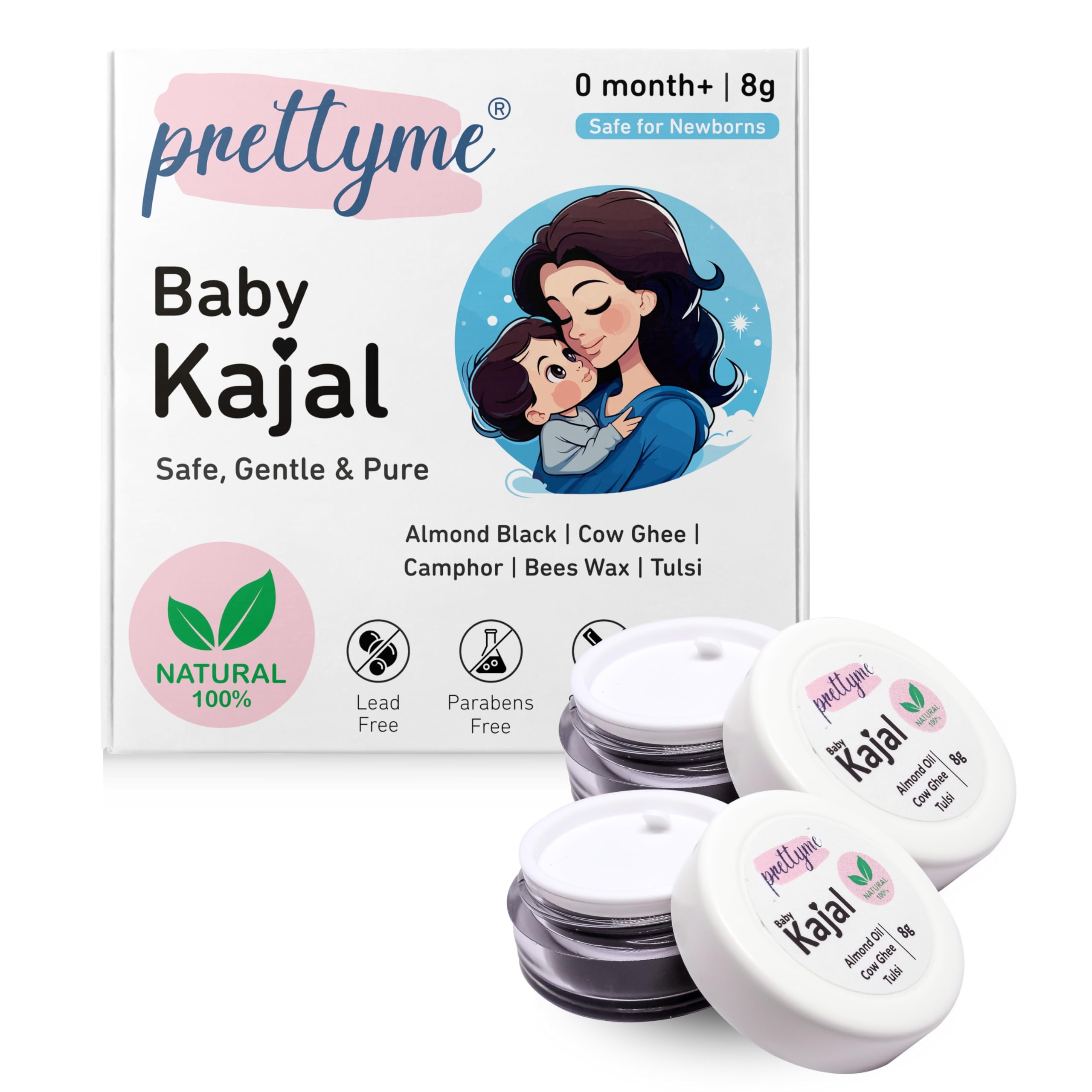 Prettyme Baby Kajal | 100% Natural & Safe For Newborns With Pure Cow Ghee, Almond & Coconut Oil | No Chemicals & Lead-free | 8g (Pack of 2)