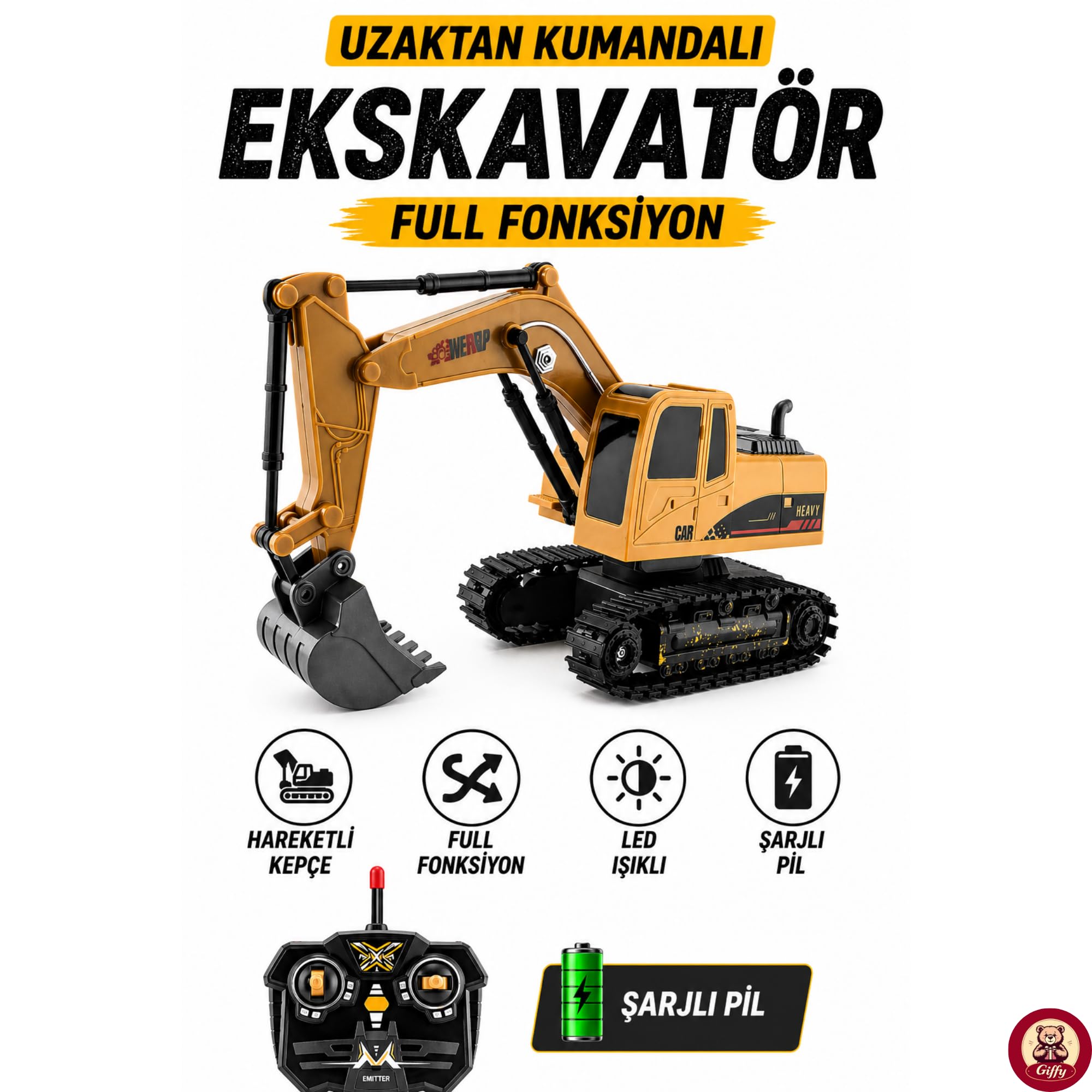 Oyuncak Şarjlı Işıklı Uzaktan Kumandalı Ekskavatör - Kepçesi Hareketli 1:24 Ölçek