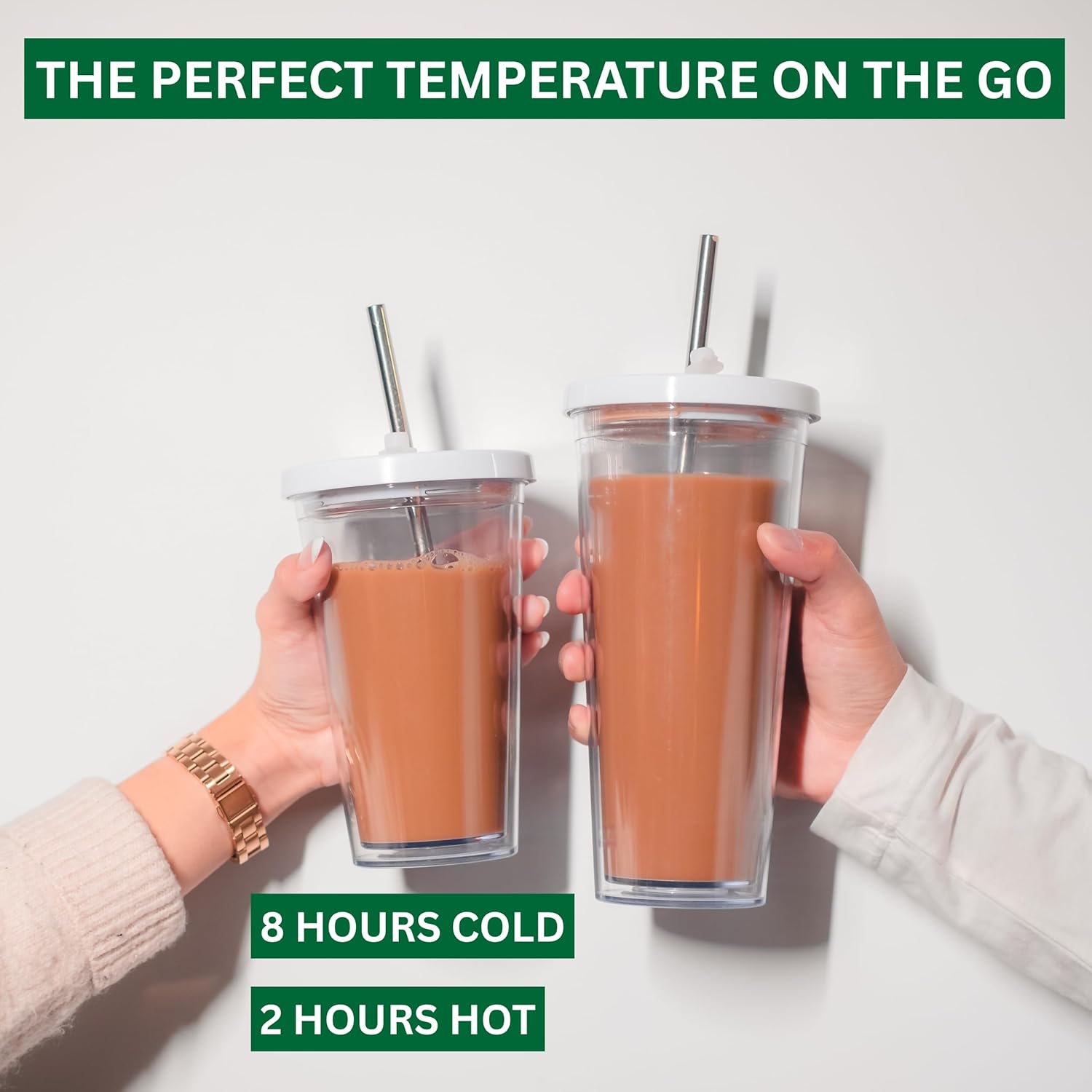 Reusable Iced Coffee Cup (16 Oz/Grande), Leak Proof and Double Wall Insulated Iced Coffee Tumbler, Come with Reusable Plastic and Metal Straws and Straw Cleaner - White - Image 5