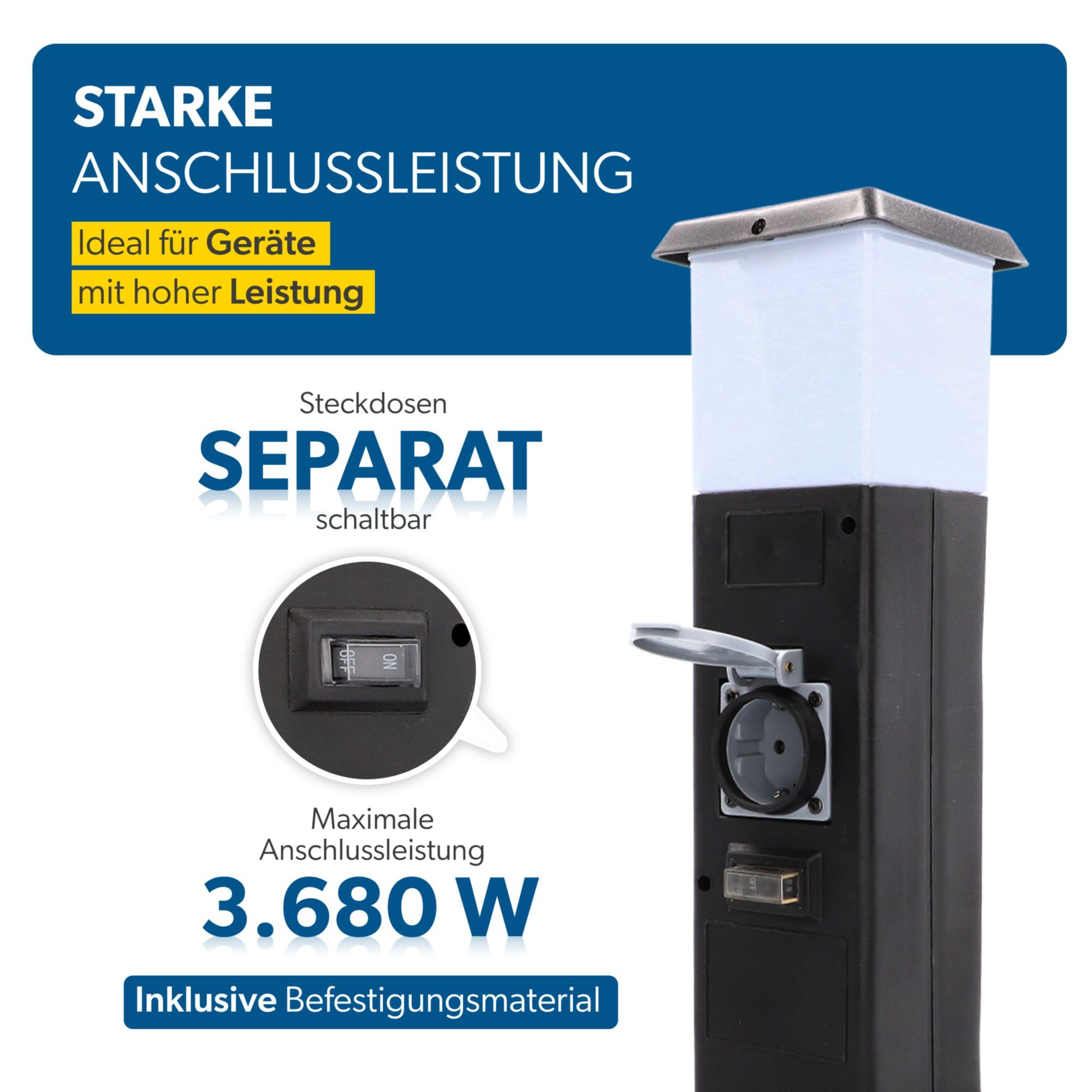 UNITEC Rozdzielacz gniazdka elektrycznego do użytku na zewnątrz, 2 gniazda, IP44, dodatkowe oświetlenie, kolumna z tworzywa sztucznego