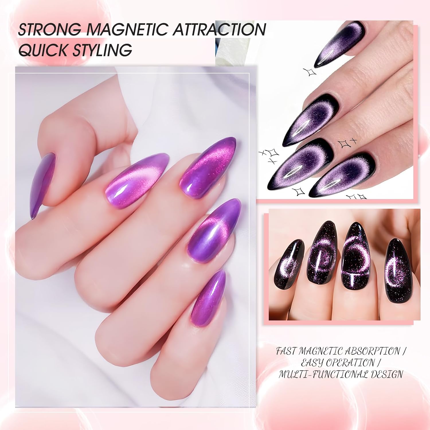 3 in 1 Cat Eye Magnet for Nails, Strong Magnetic Nail Art Tool for Cat Eye Gel Polish, Multi-Effect Cat Eye Magnet Stick for Ring, Line & 3D Cat Eye Designs, Salon & Home DIY (NAT291-Pink)