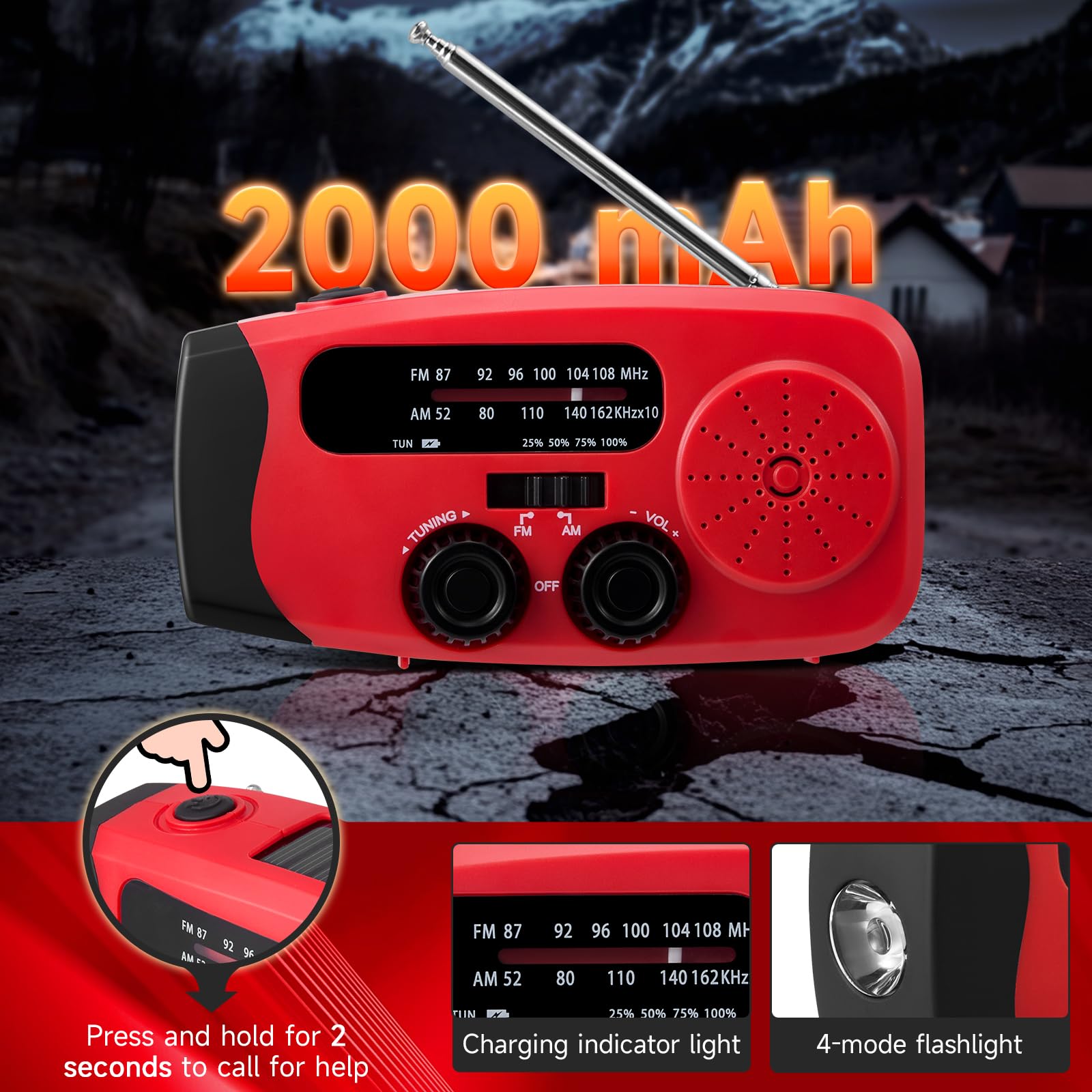 Radio Solaire d’Urgence, AM/FM Portable Radio Dynamo avec Lampe de Poche LED, Batterie 2000mAh,Radio à Manivelle, Idéal pour Camping, Randonnée, Panne de Courant et Kit de Survie