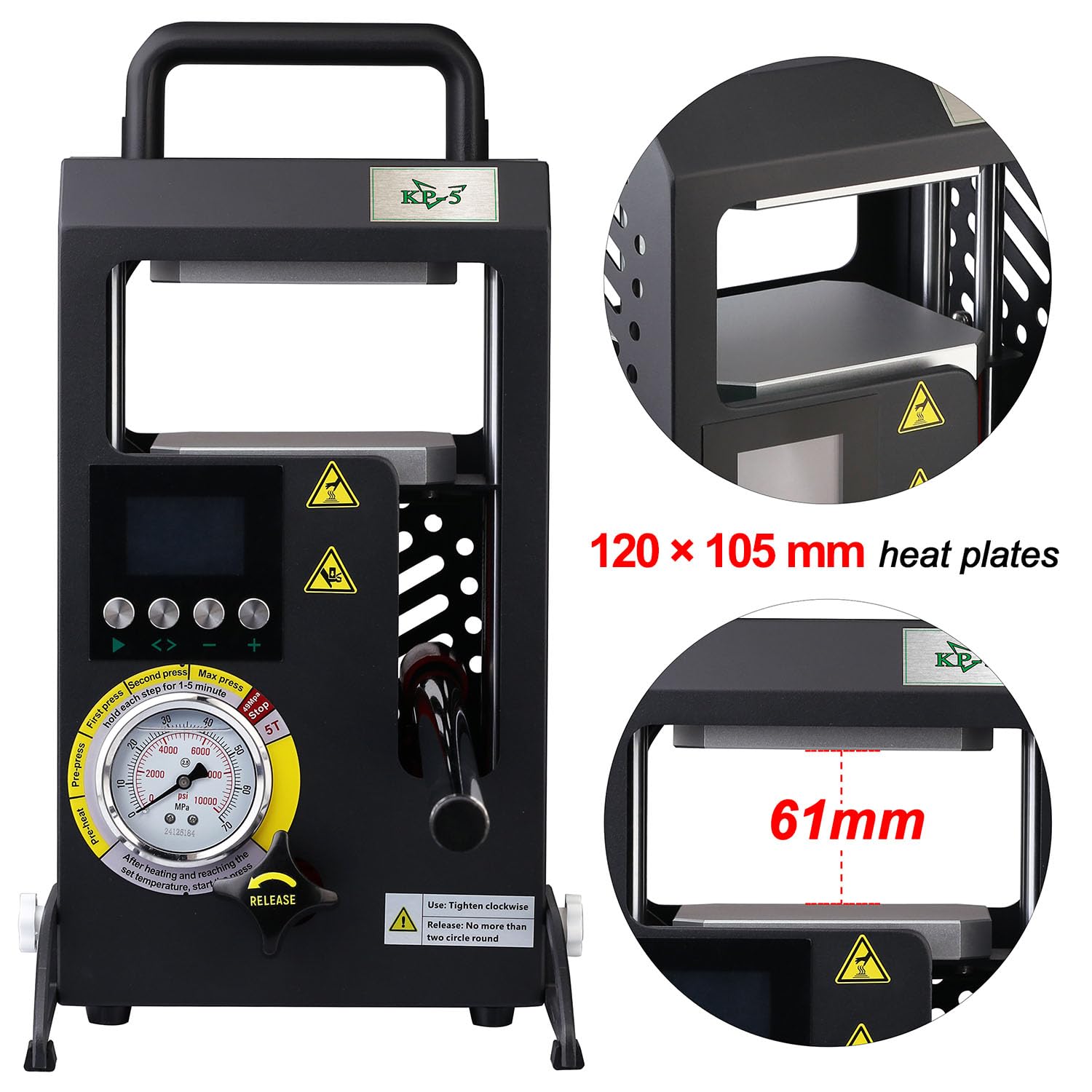 Rosin Presse – 5 Tonnen Hydraulische Kolophonium-Extraktionsmaschine mit Manometer, 12 × 10.5 cm Heizplatten mit Zwei unabhängigen Temperaturreglern