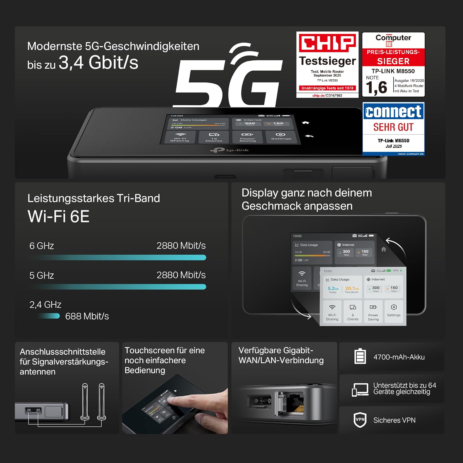 TP-Link M8550 5G LTE Mobiler WLAN Router – Bis zu 3,4 Gbit/s, Tri-Band Wi-Fi 6E, Nano-SIM-Karten Slot, Gigabit WAN/LAN, 4680 mAh Akku, Touchscreen, Wireguard, bis zu 32 Geräte - Image 3