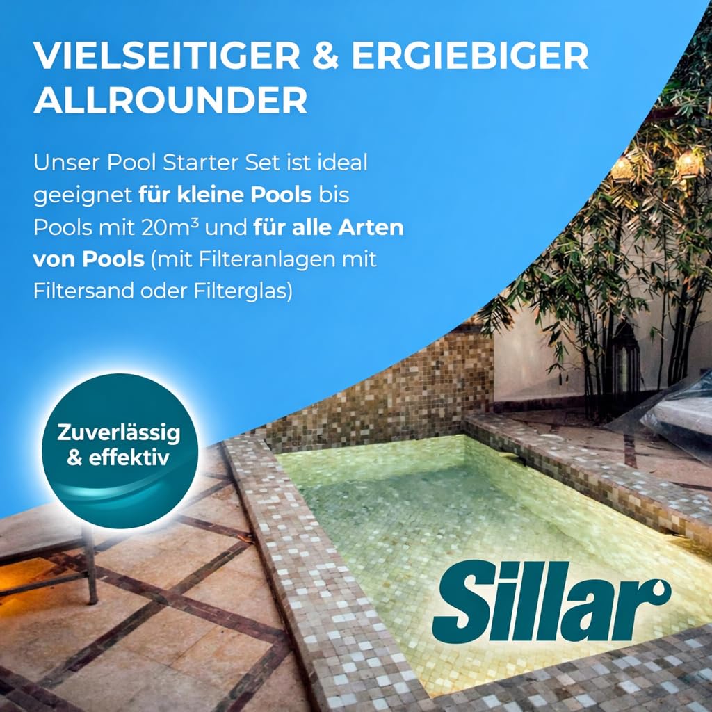 Sillar Pool Starter 7 in 1 Pool-Reinigungsset I Pool Zubehör I Pooltester pH/Cl-Messgerät, pH-Senker, Chlorgranulat, Klärmittel, Mittel gegen Algen, schrittweise Freisetzung von Chlor in Tabletten
