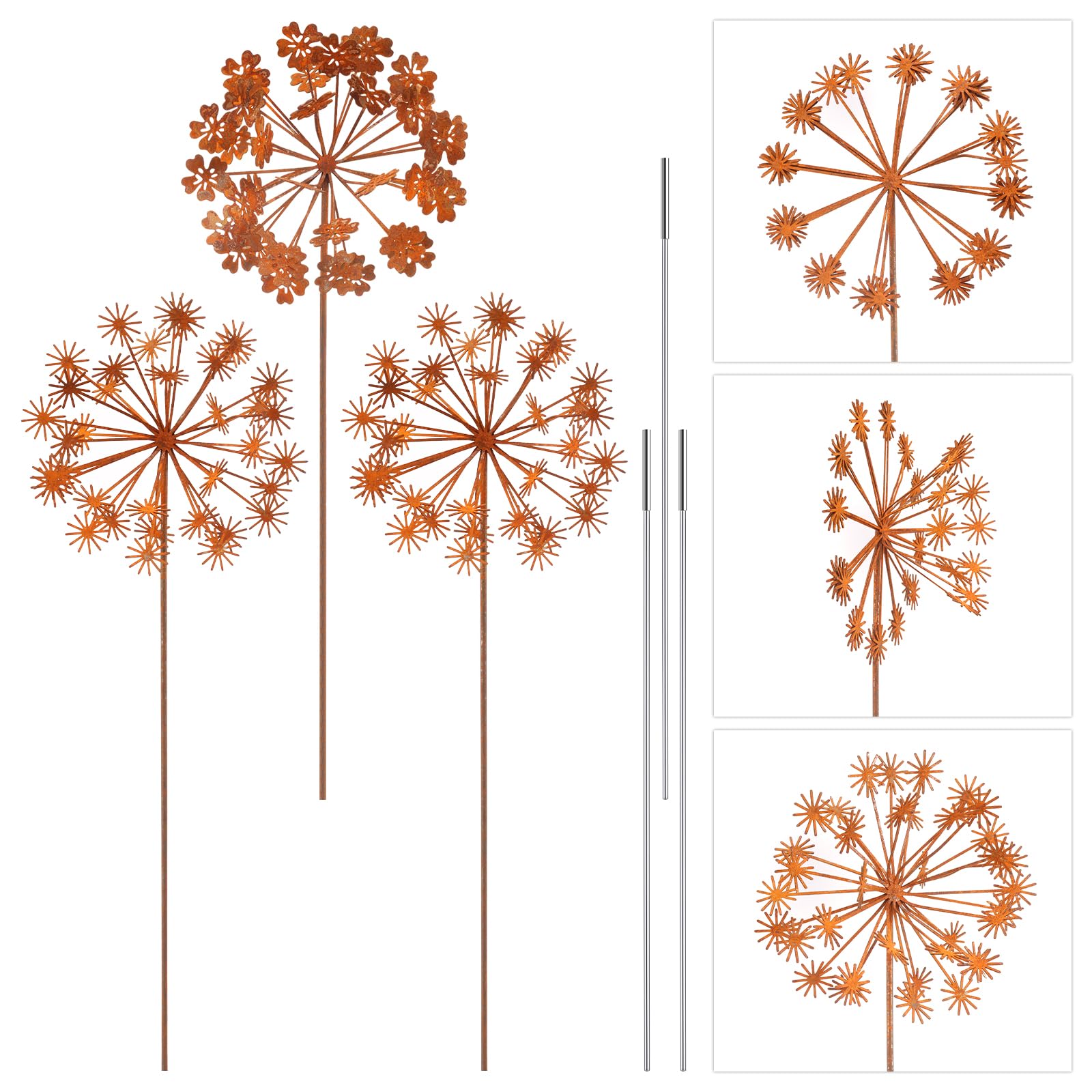 3Pcs Metal Flowers for Outside,Rustic Garden Stake Decorative,Weather-Resistant Flower Bed Decor Plant Stakes,Rust Dandelion Garden Decor for Lawn Yard Art Outdoor Walkway Potted Accessory(Style 1)