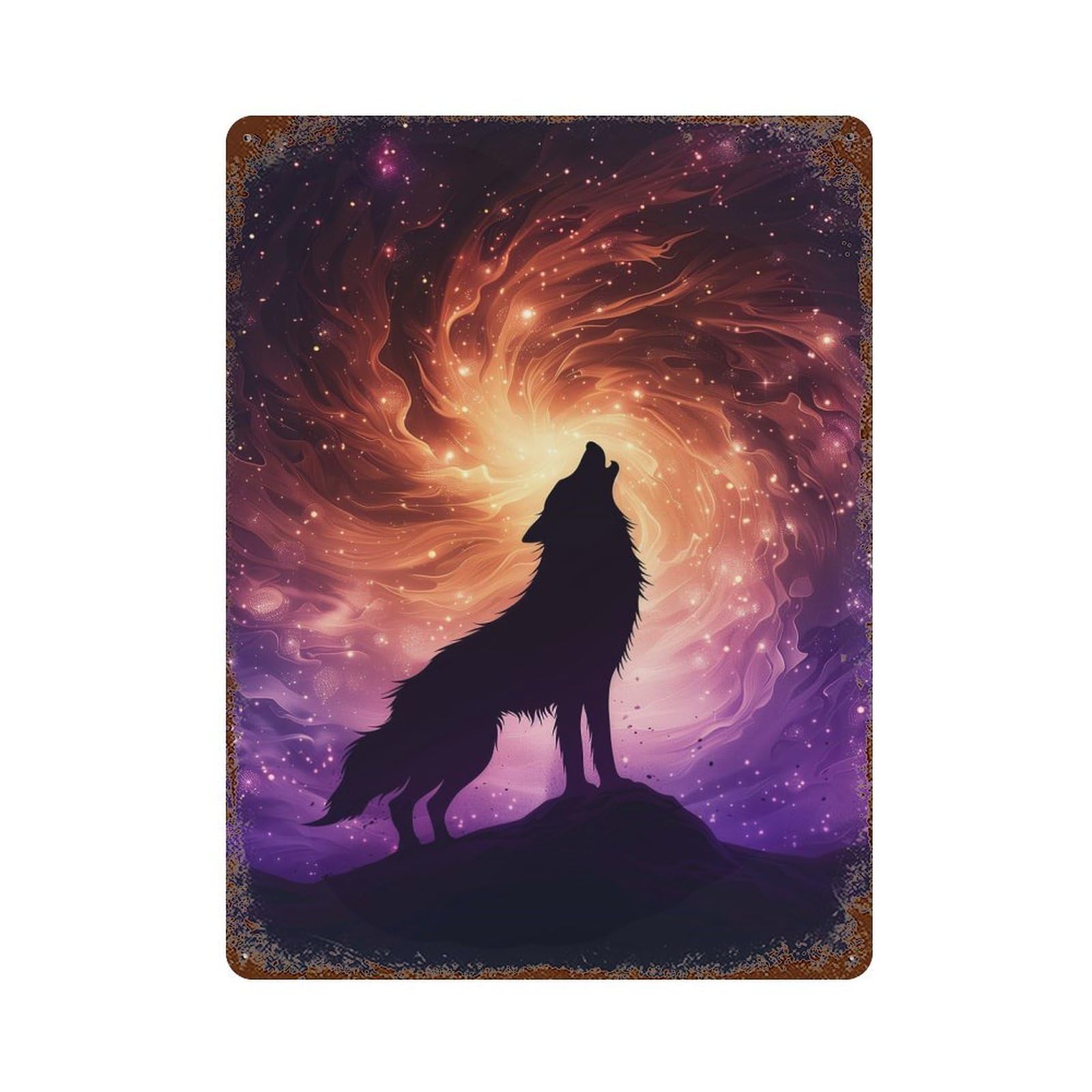 Wolf Howling at Cosmic Vortex Sky Aged Metal Wall Plaque 15.7"x11.8", Old School Wall Decor for Garage, Pub Or Kitchen