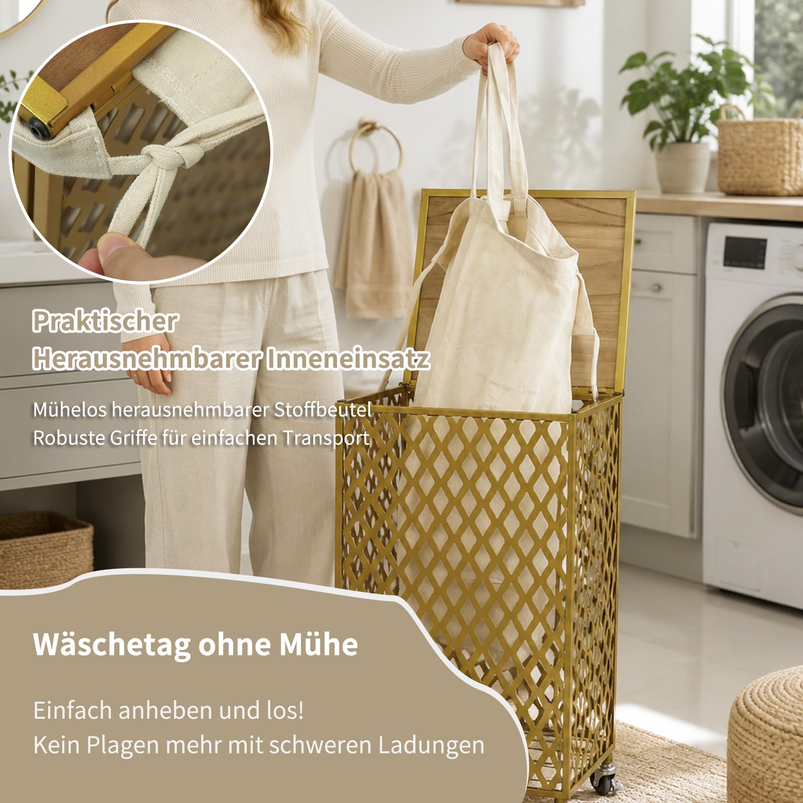 G-LEAF Wäschekorb mit Rollen, Metall Wäschesammler mit Holzdeckel & Wäschesack, für Badezimmer, Gold, 65 L (Rauten-Muster)
