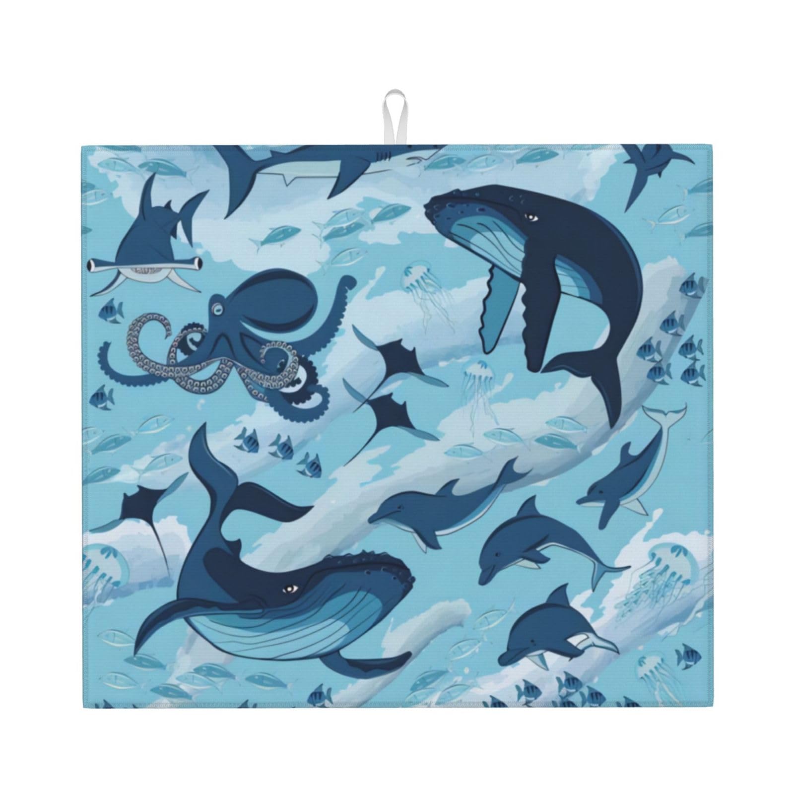 WHJSHOP Fish and Octopus Prints Kitchen Drying Mat – Absorbent Dish Throw for Countertops, Quick-Dry Non-Slip Layer with Colorful Prints, Ideal Housewarming Gift