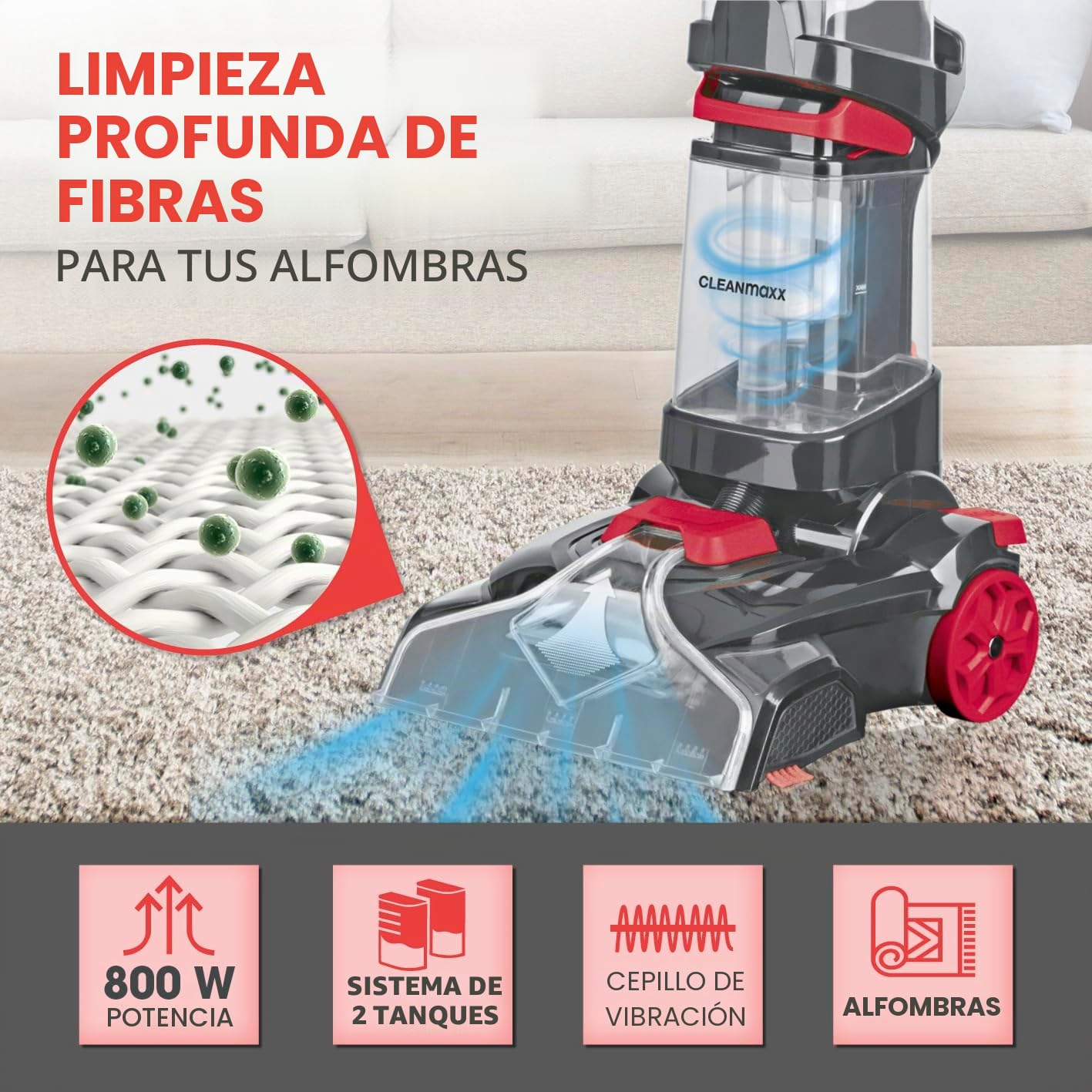 CLEANmaxx Aspirador de alfombras | 3 en 1: lavar, limpiar, aspirar | Aspirador en húmedo con cepillos vibratorios y cepillos laterales | Aspirador en seco - para casi cualquier alfombra