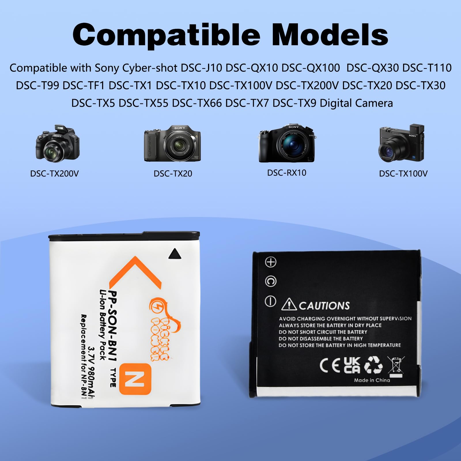 Pickle Power Lot de 2 batteries NP-BN1 et chargeur USB LCD pour Sony Cyber-Shot DSC-W800, DSC-WX220, DSC-W830, DSC-W810, Sony DSC-QX30, DSC-QX100, DSC-QX10