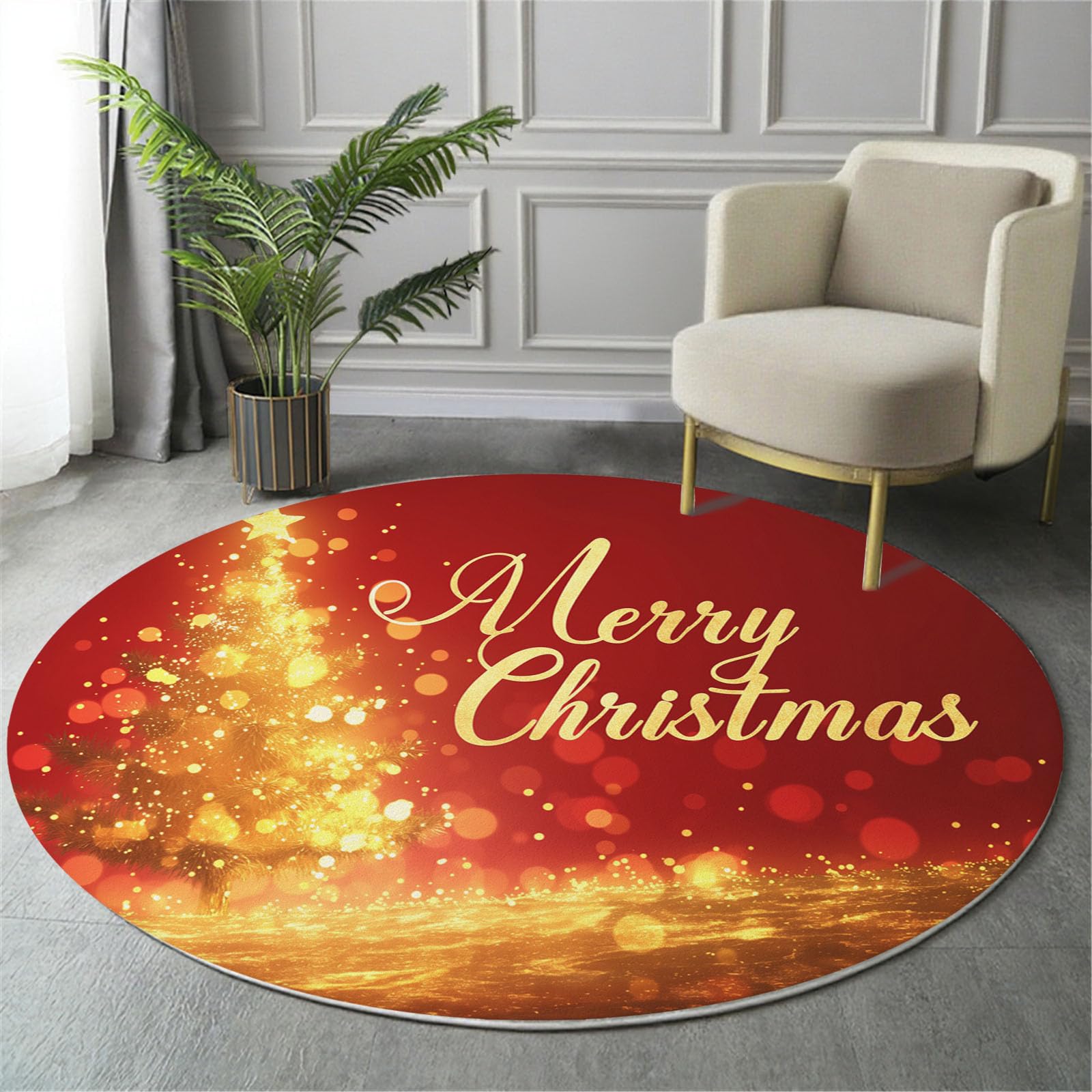 Tapis de Noël rond 160 cm lavable sapin feuille d'or rouge