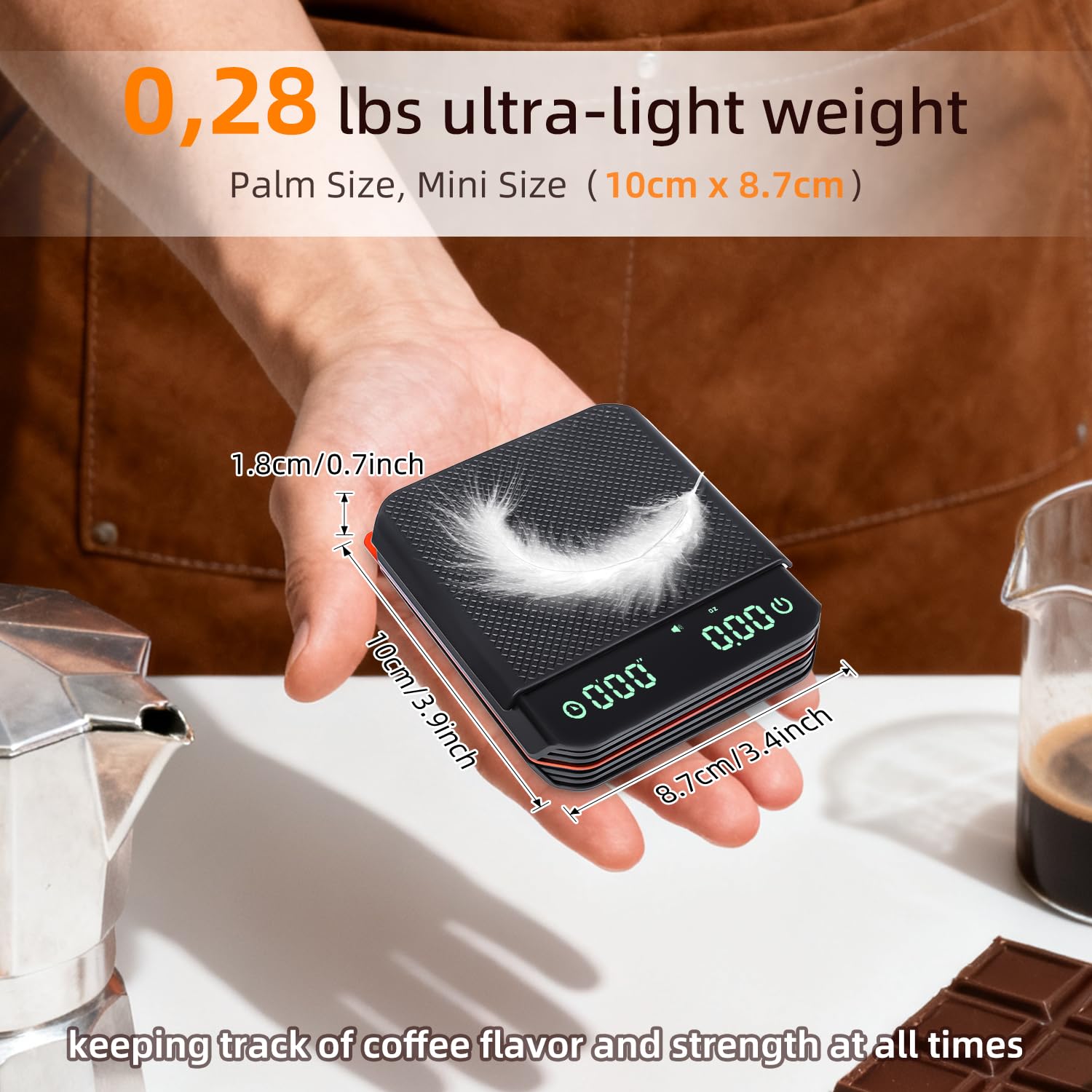 Carehabi Bilancia Digitale Per Caffè Con Timer E Sensore 0,1g: Mini Bilancia Espresso 2kg, Touch LED Con Cuscinetto Silicone, Ricaricabile (Tipo-C)