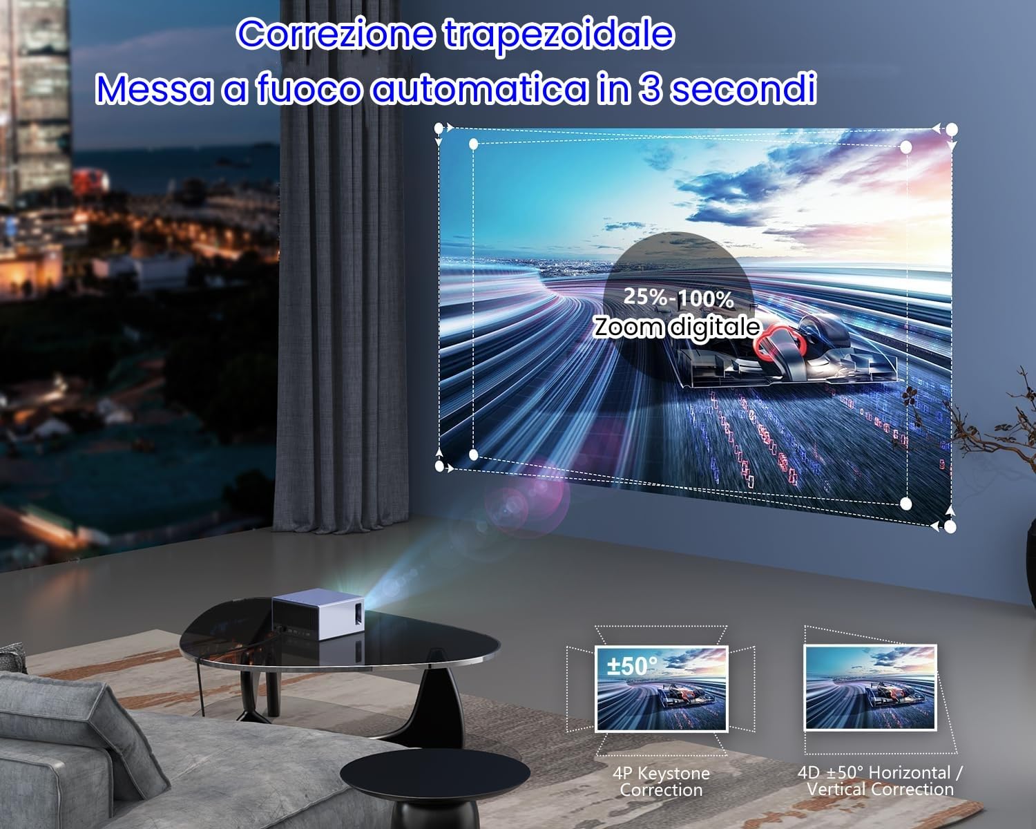 【Auto Focus/Keystone】Proiettore 4K, WiFi 6 Bluetooth 5.3, 1080P Nativo Full HD, Video proiettore 4k Home Cinema per Smartphone, Fire TV, PS5, Switch