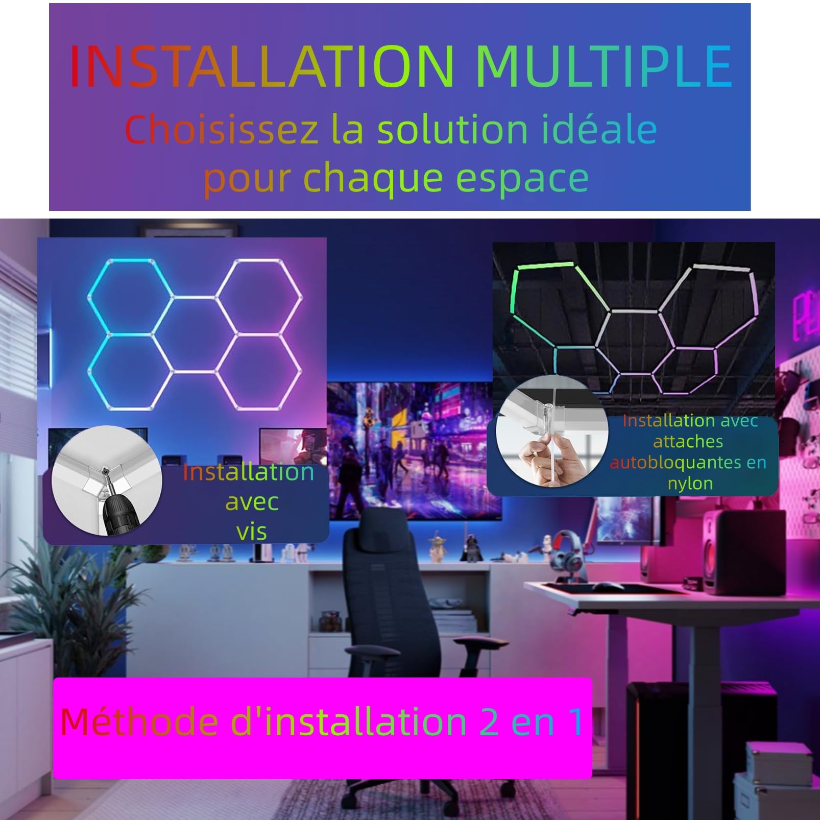 Plafonnier LED Hexagonal RGB Lampe de Garage LED Hexagonale Couleur pour Garage 360 Modes De Couleur Musique De Entrepôt, Salon De Beauté Automobile,RGB,5 Hex