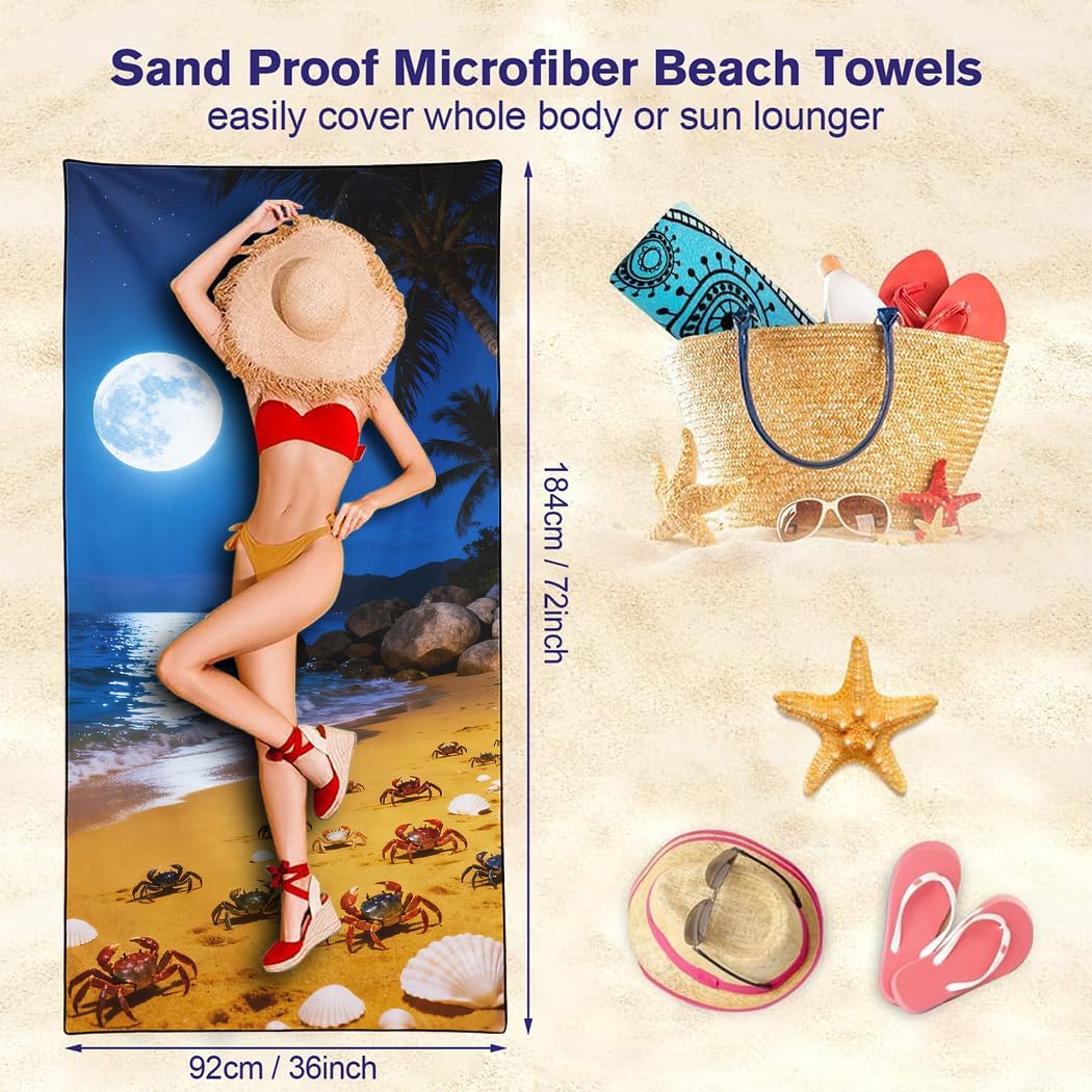 Moonlit Crabs Beach Towel, 36"x72" Sand Free Quick Dry Thin Microfiber Plam Tree Towel for Camping Cruise Travel