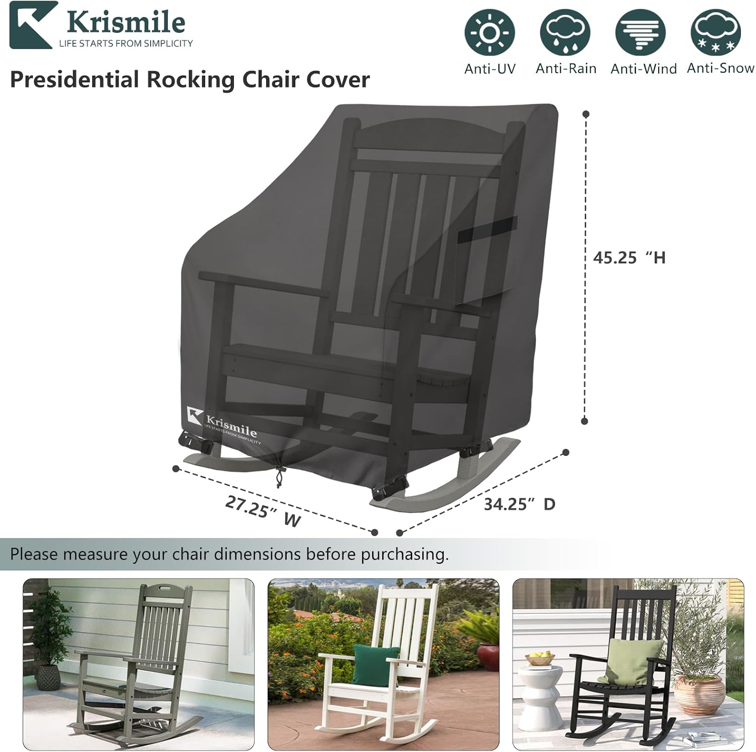 Outdoor Rocking Chair Cover 2 Pack, Heavy Duty Waterproof Patio Rocking Chairs Cover for 27" W x 34" D x 45" H Presidential Rocking Chair, Black image 2