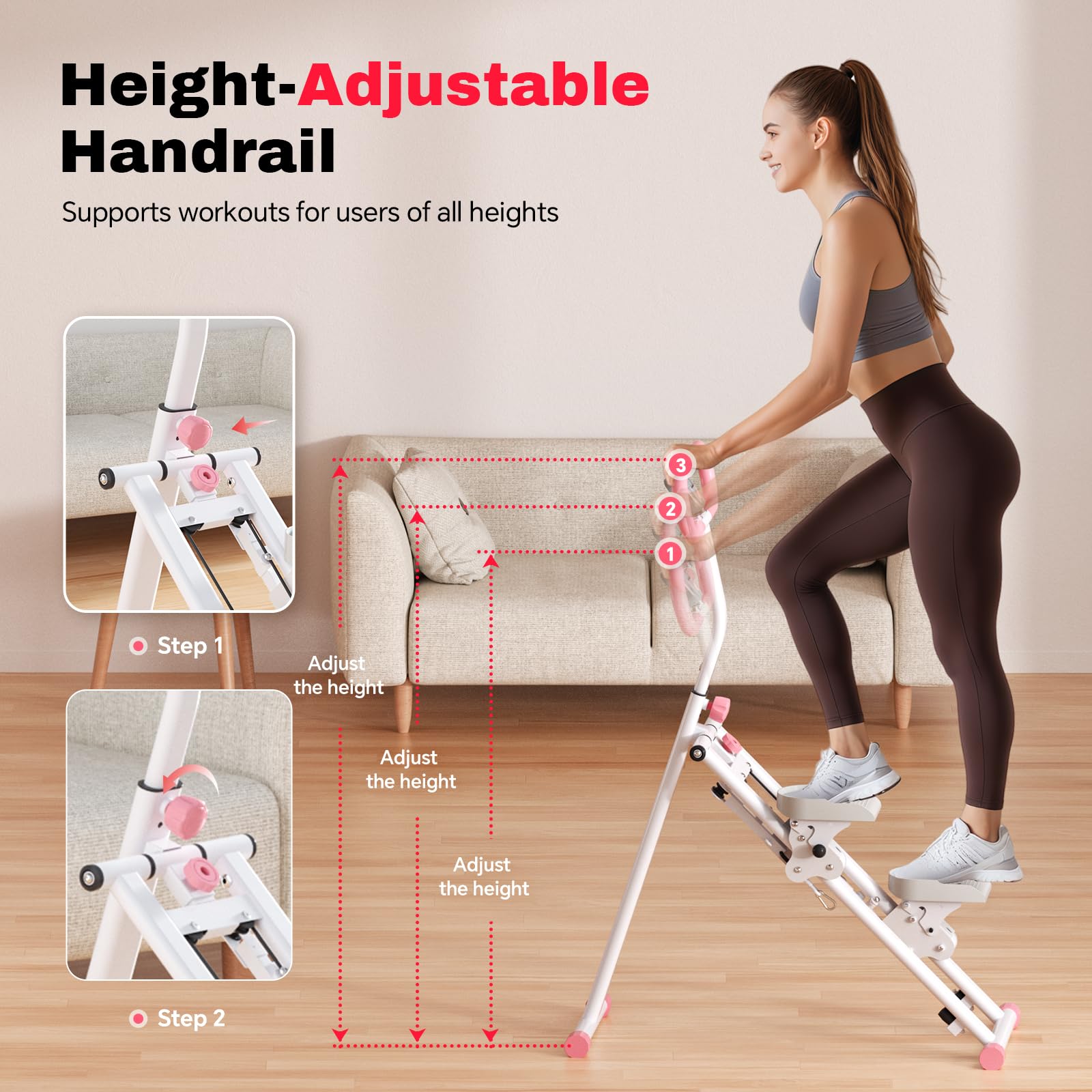Stair Steppers for Exercise at Home, Folding Vertical Stair Stepper Climber, Full-Body Cardio Machine with Adjustable Handles, Steel Frame & Digital Monitor: Pink 49 IN