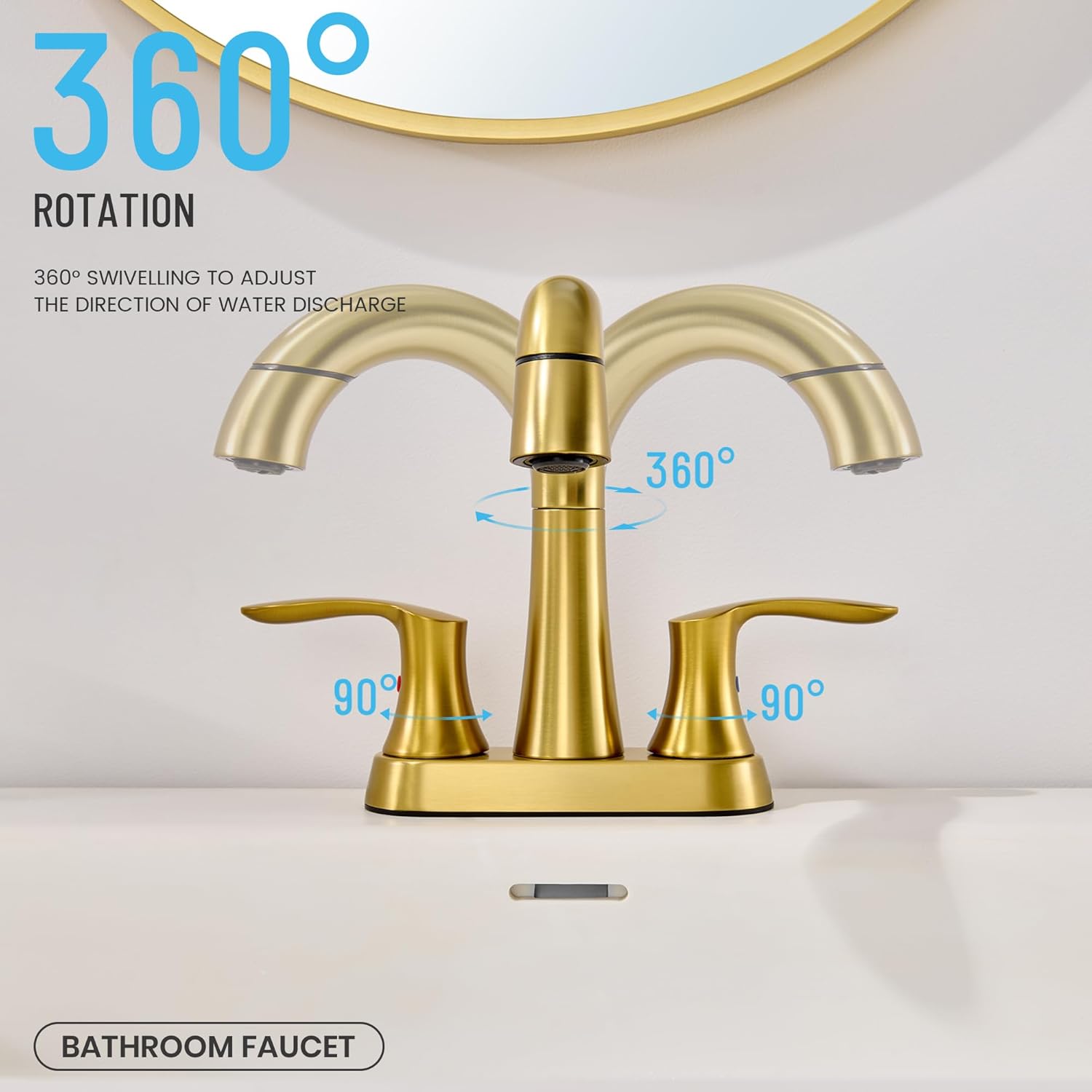 Bathroom Faucet with Pull Out Sprayer, 4 Inch 3 Hole Bathroom Sink Faucet, 360 Swivel Widespread Pull Down Bathroom Faucet with Pop Up Drain and Water Supply Line - Brushed Gold