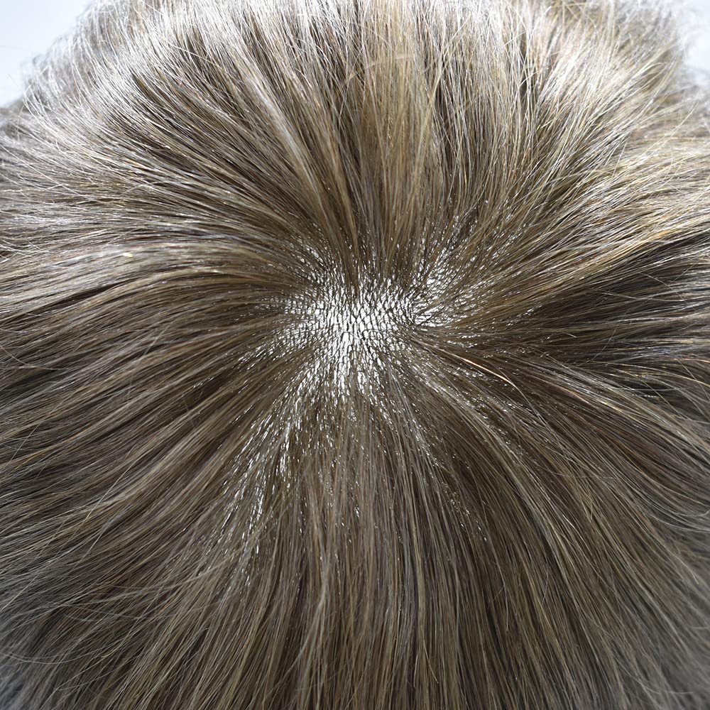 Mans Toupee 0.12mm Ultra Thin Skin PU European Natural Human HairWigs For Men V-Looped Hairpieces Mens Hair Piece Comfortable & Durable (8*10, #530 5# MEDIUM LIGHT BROWN WITH 30% SYNTHETIC GREY 120% medium light to medium density)