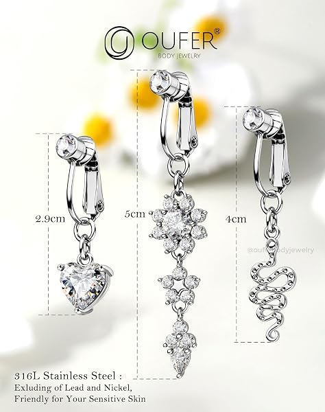 OUFER 3 x Fake Navel Piercing Clip-on Snake Flowers Heart Belly Piercing Pendant 316L Surgical Steel Belly Button Bars for Women - 2