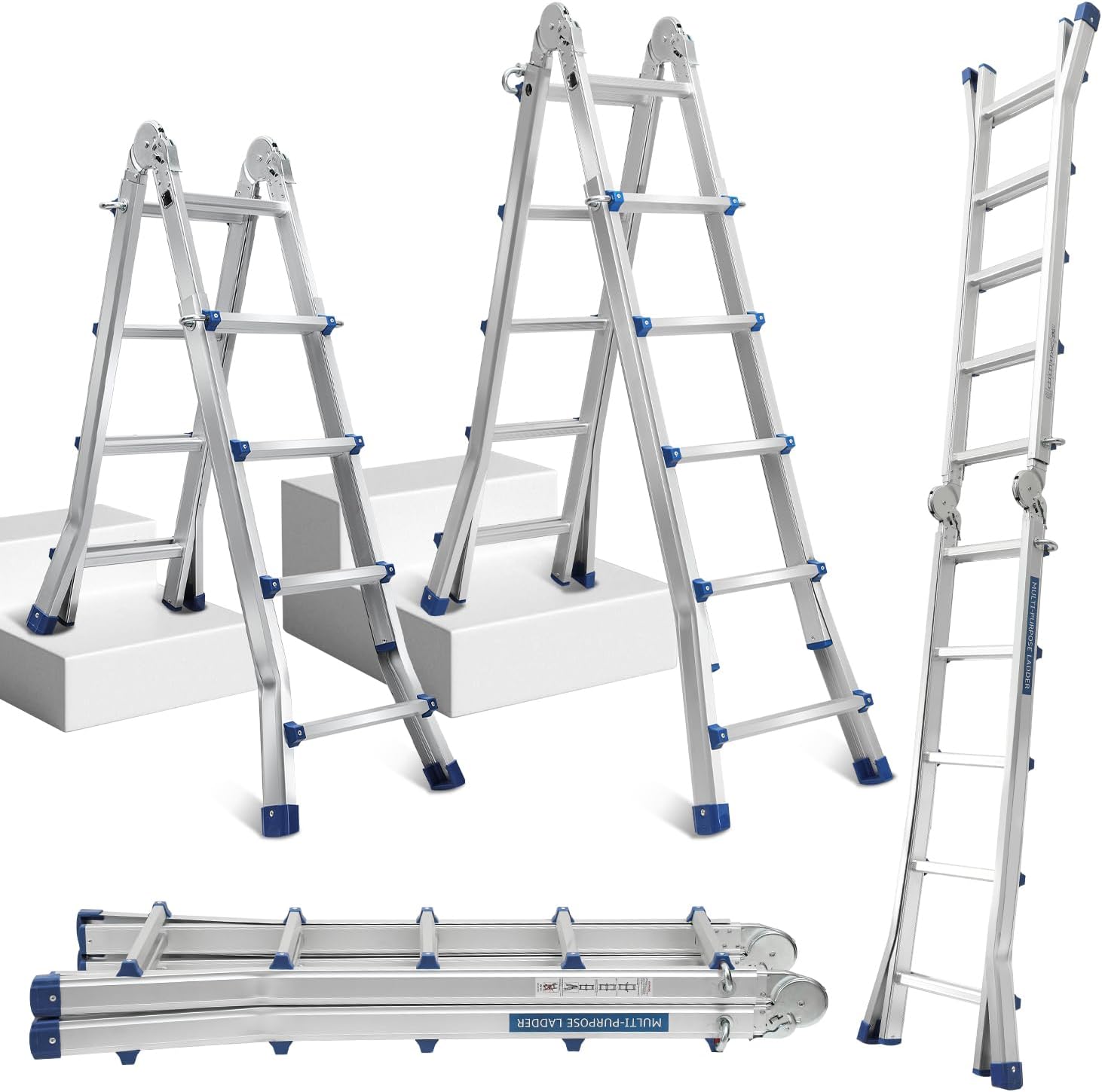 Aluminium Multi-Purpose Ladder 402 cm 4 x 4 Rungs Telescopic Ladder 4-in-1 Folding Ladder 150 kg Load Capacity Fixed Ladder Sliding Ladder Double-Sided Standing and Stair Ladder