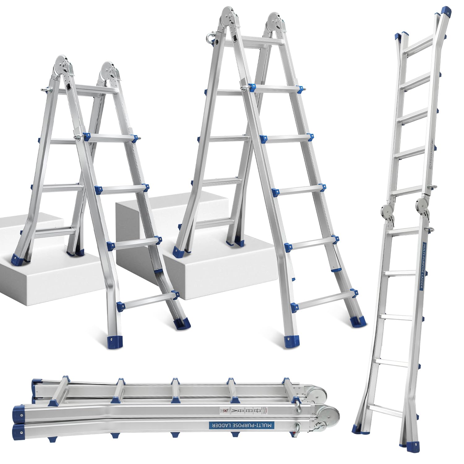 Aluminiowa drabina wielofunkcyjna, drabina teleskopowa 513 cm, szczeble 4 x 5, 4 w 1, obciążenie 150 kg, drabina przesuwna, dwustronna drabina stojąca i schodowa