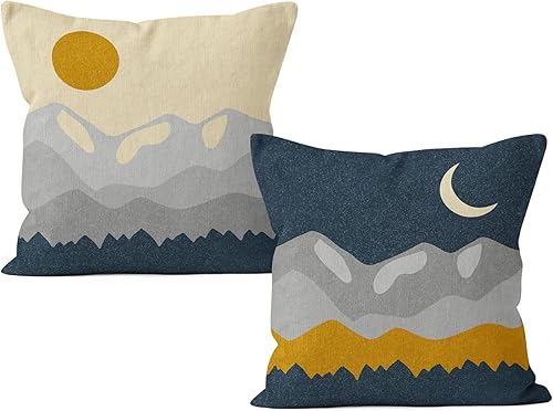 HIWX Funda de almohada decorativa abstracta de estilo bohemio, sol, luna, bosque, montañas, arte moderno, amanecer, puesta de sol, paisaje, para