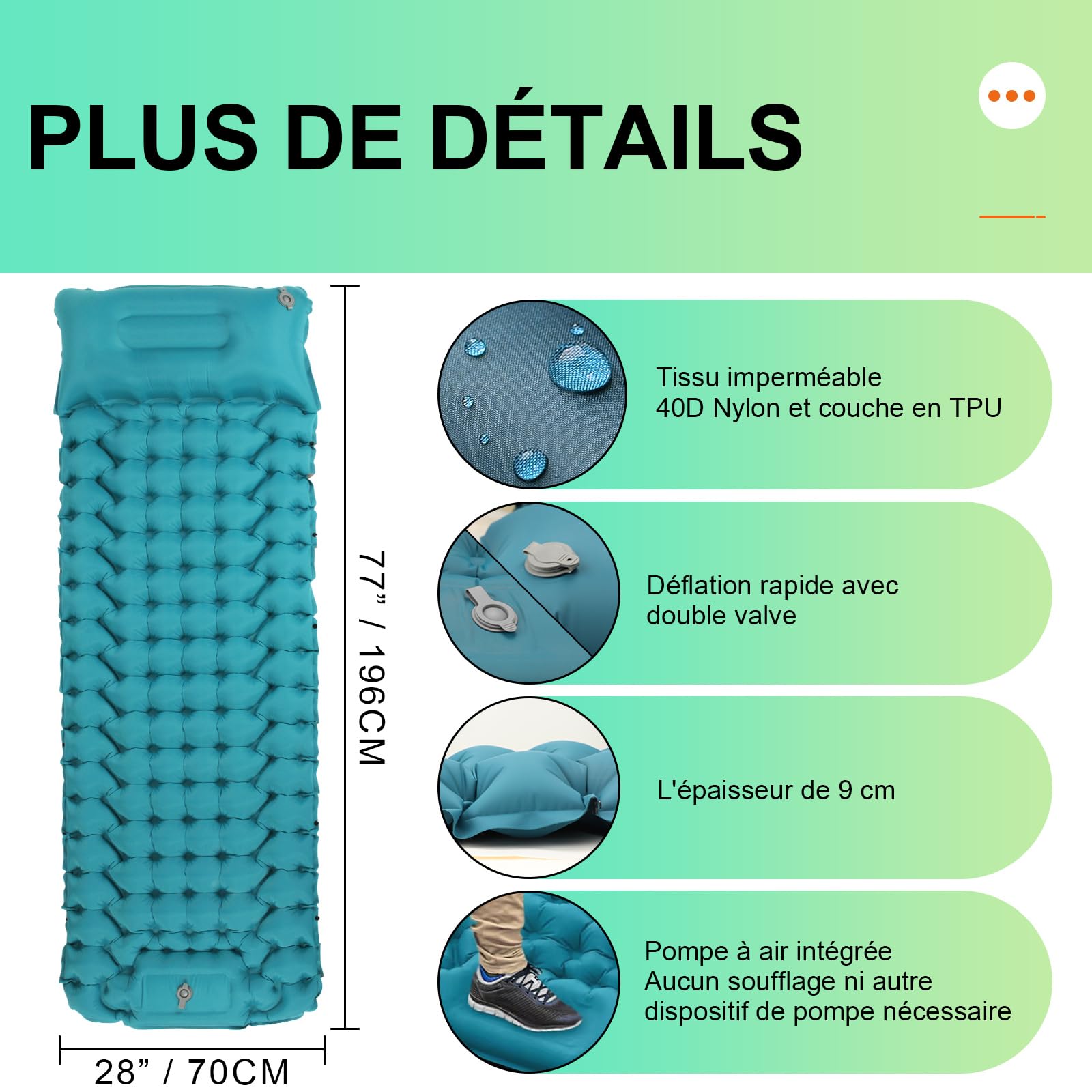 Matelas de Camping Autogonflant Ultraléger avec Pompe à Pied Portable pour Randonnée