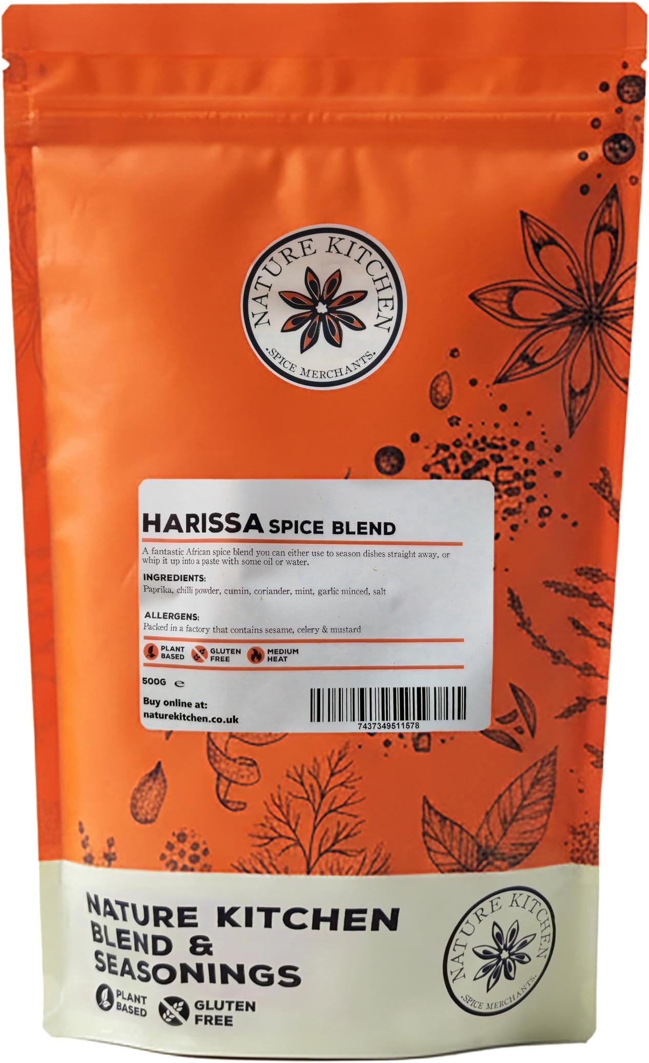 Nature Kitchen Harissa Spice 500g Medium, Premium Moroccan Spice Blend, Gluten Free, Vegan Seasoning for Stews, Marinades, Tagines, Couscous and North African Cooking