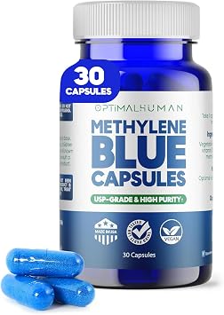 Optimal Human Naturals Methylene Blue Tablets 10mg High Purity, USP Grade with Vitamin C - Vegan, Unflavored Blue Methylene Capsules - Easy to Take Pills w/No Fillers or Dyes - 60 Count