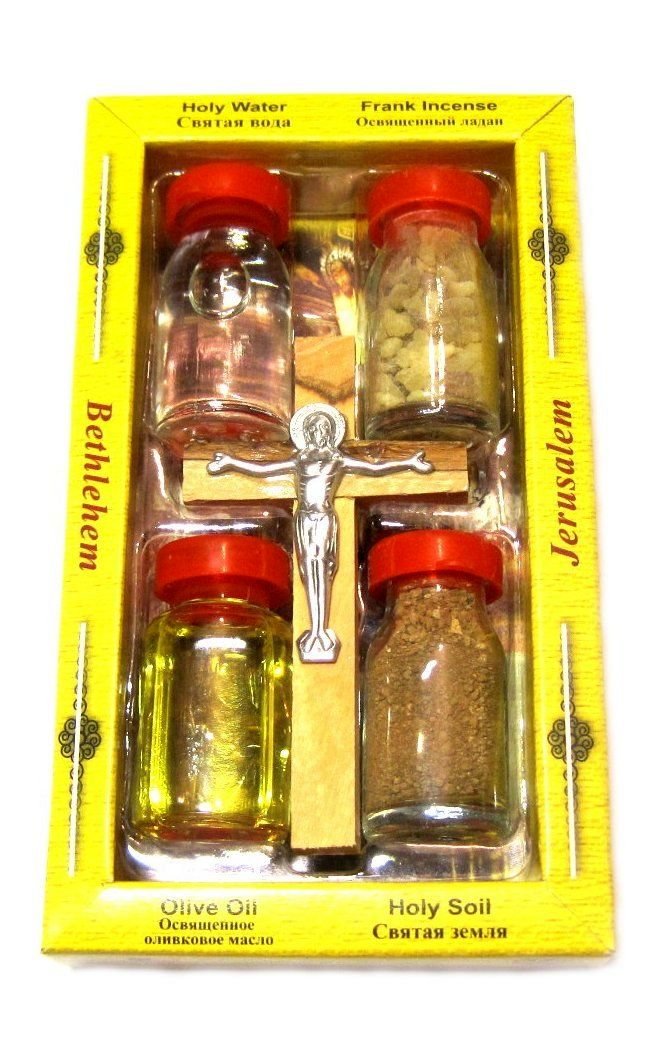 1 X Holy Water / Earth / Incense / Oil & Genuine Olive Wood Cross from the Holy Land 5 in 1 Set
