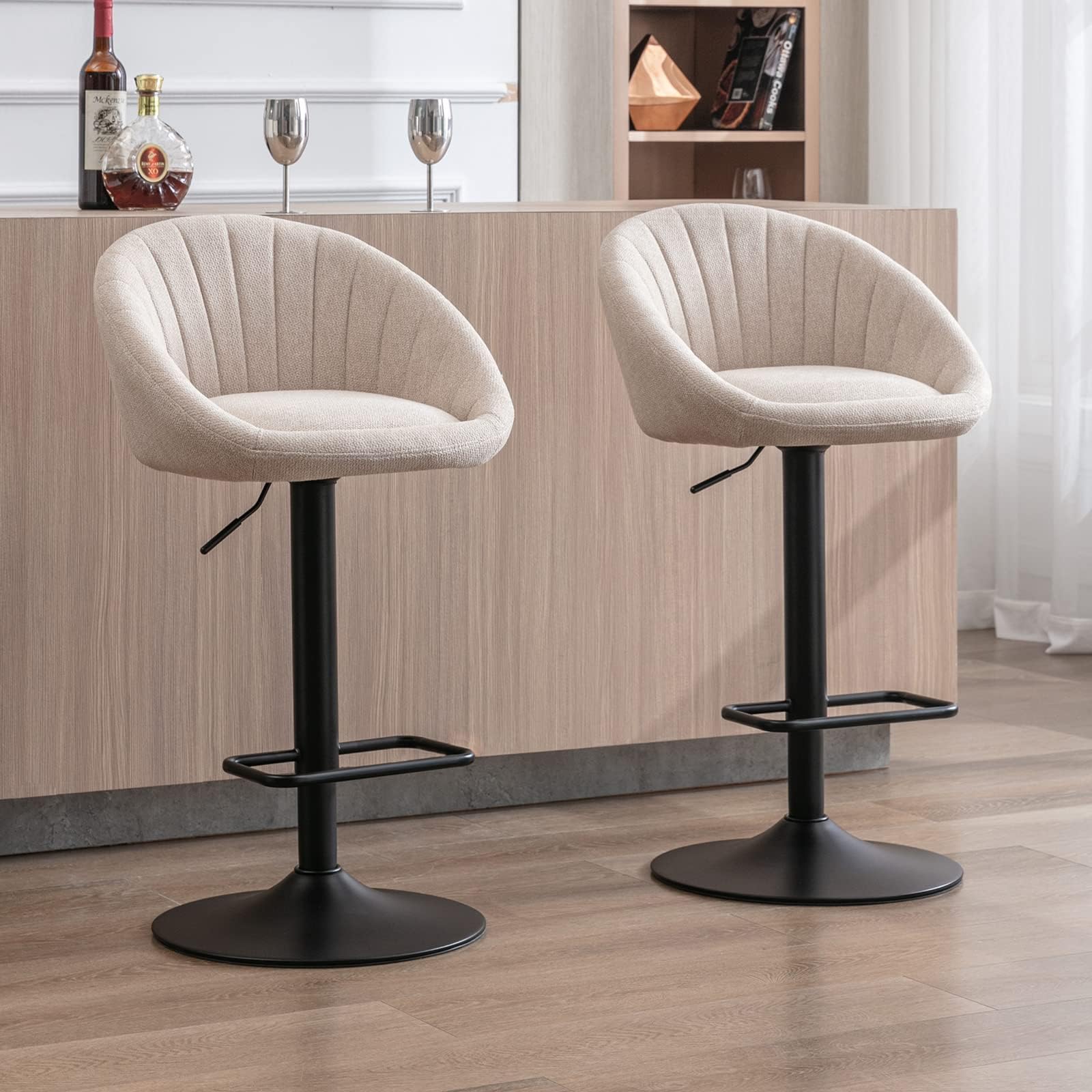 Lot De 2 Chaises Hautes De Bar En Tissu Bleu - Dossier Incurvé, Pieds Métalliques Noirs