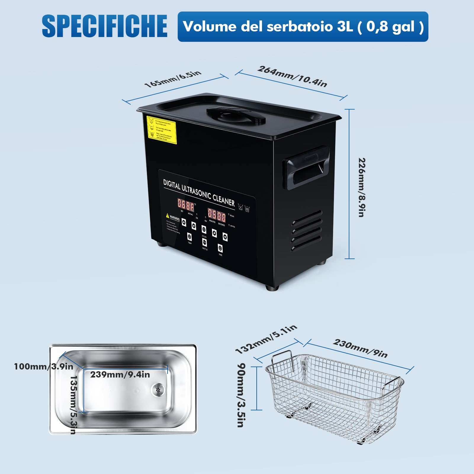 Pulitore Ultrasuoni Industriale, Macchina per Pulizia ad Ultrasuoni Digitale 120W con Degasaggio Modalità Delicata, Pulitore ad Ultrasuoni da 40kHz con Timer e Riscaldatore per Casa laboratorio(3L)