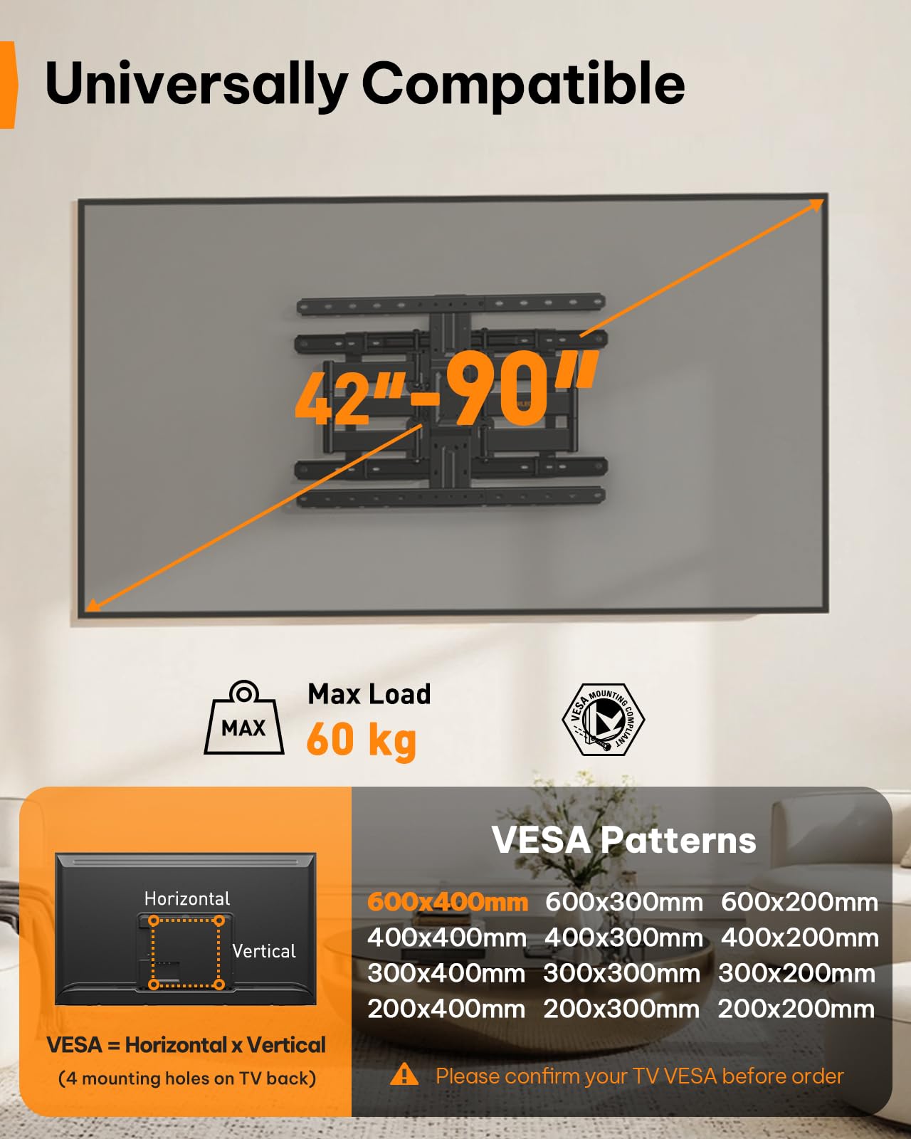 Perlegear Ultra Compatto Supporto TV Parete, Profilo Sottile da 27,9mm TV 42” - 90”, Staffa TV a Movimento Doppio Braccio Articolato, Rotazione, Inclinazione, VESA max 600x400mm, Porta 60kg
