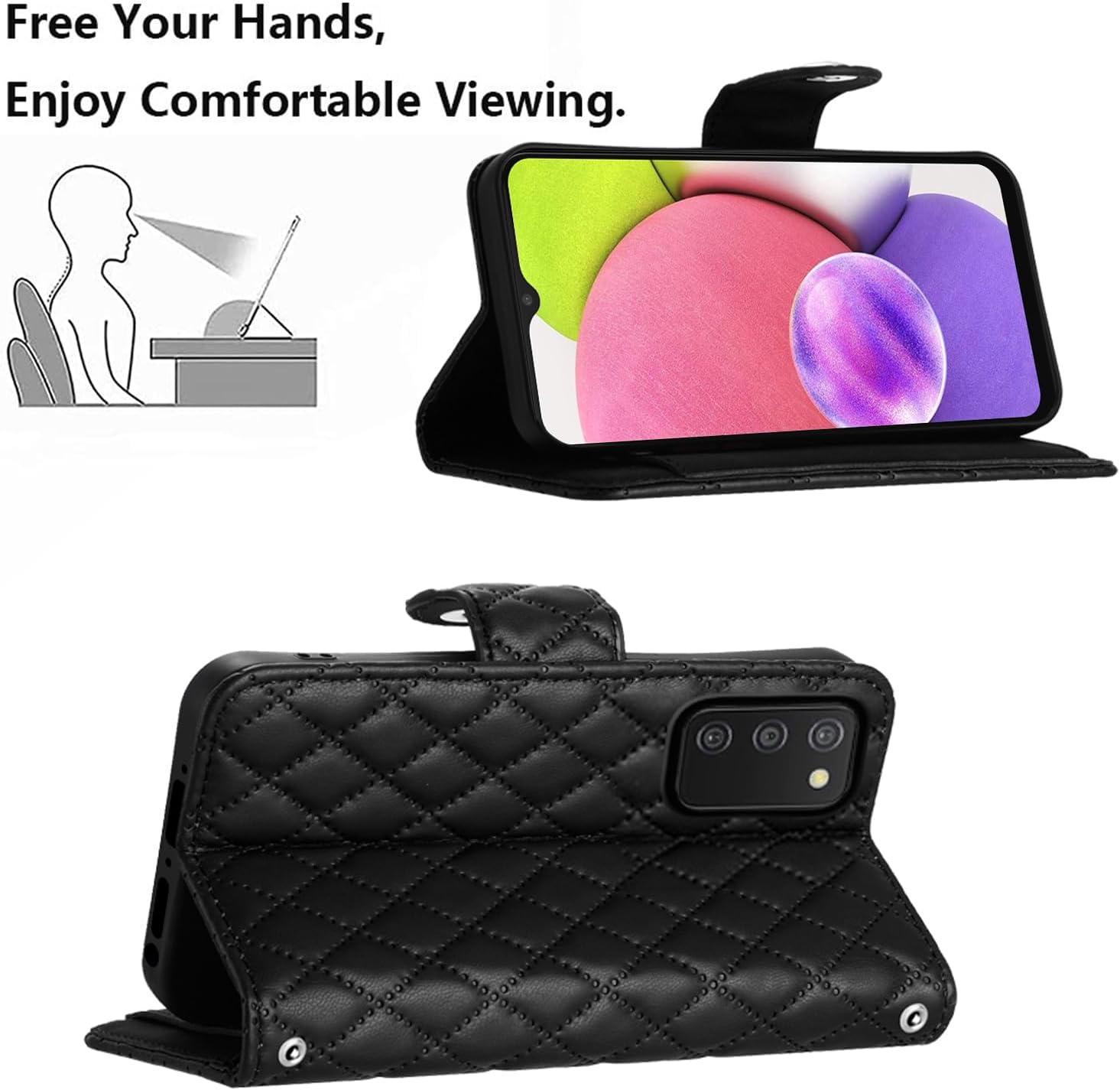 Wallet Case for Samsung Galaxy A03s US Version 5G 2022 with Wrist Strap Crossbody Shoulder Strap,Argyle Pattern Leather Flip Cell Phone Cover for Ao3s A 03s SM-A037U SM A037U Girls Women Black