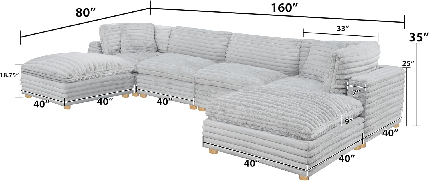 6-Piece Modern Modular Sectional Sofa in Rich Gray Corduroy