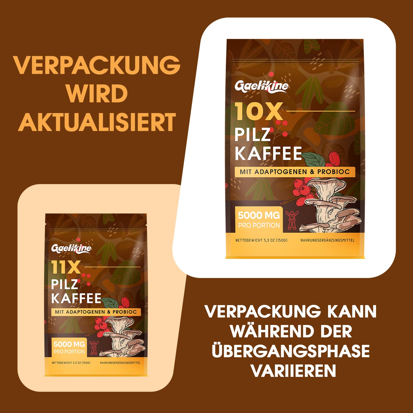 Pilzkaffee – Mushroom Coffee mit 10 Pilzen, Adaptogenen & Probiotika, Instant-Arabica-Kaffee mit Löwenmähne, Chaga, Reishi, Cordyceps & mehr, Pilz-Extrakt-Pulver, 150 g