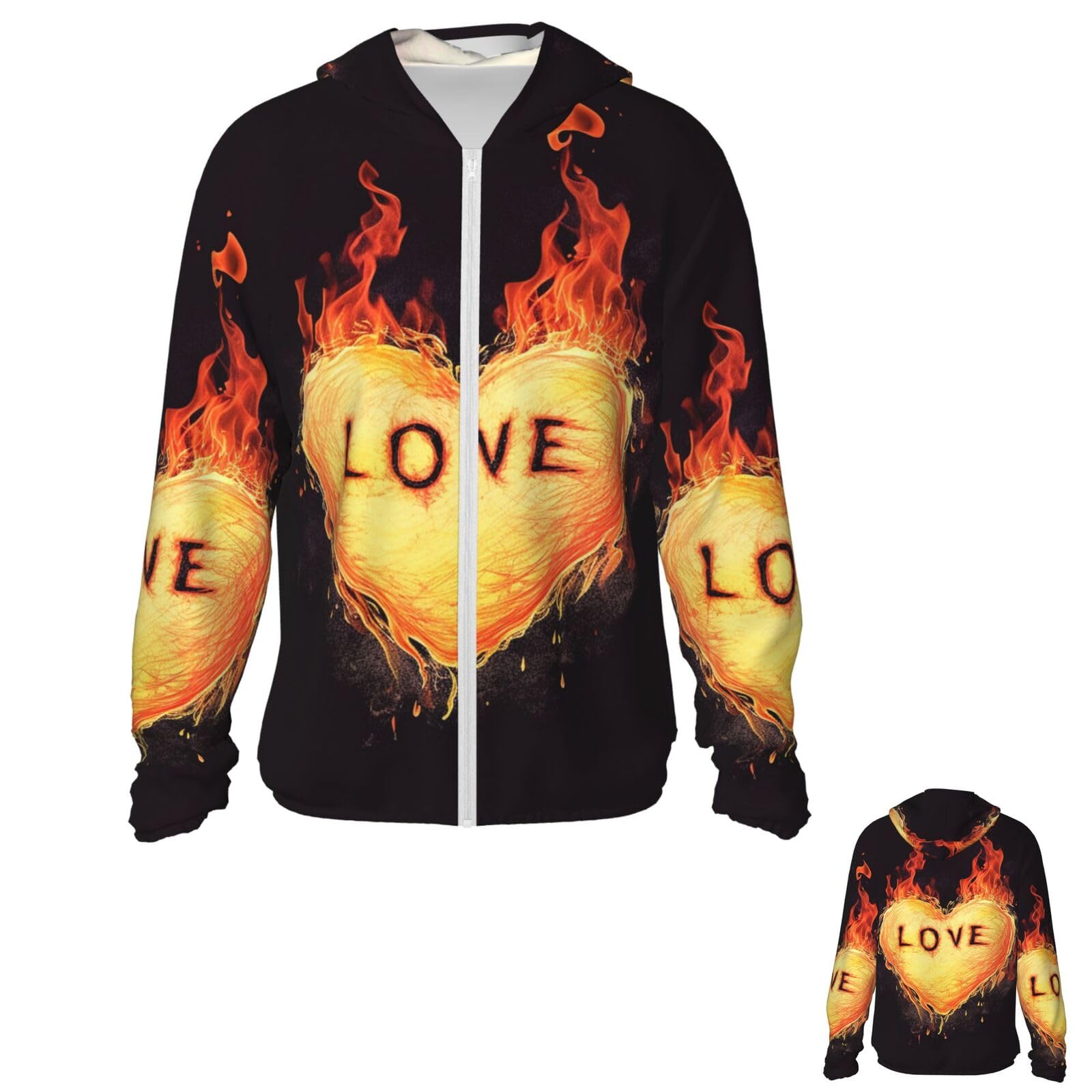NONHAI Men's Sun Protection Jacket UPF 50+ Full Zipper Long Sleeve UV Hoodie Shirt Love Burns Women's Outdoor Jacket Black