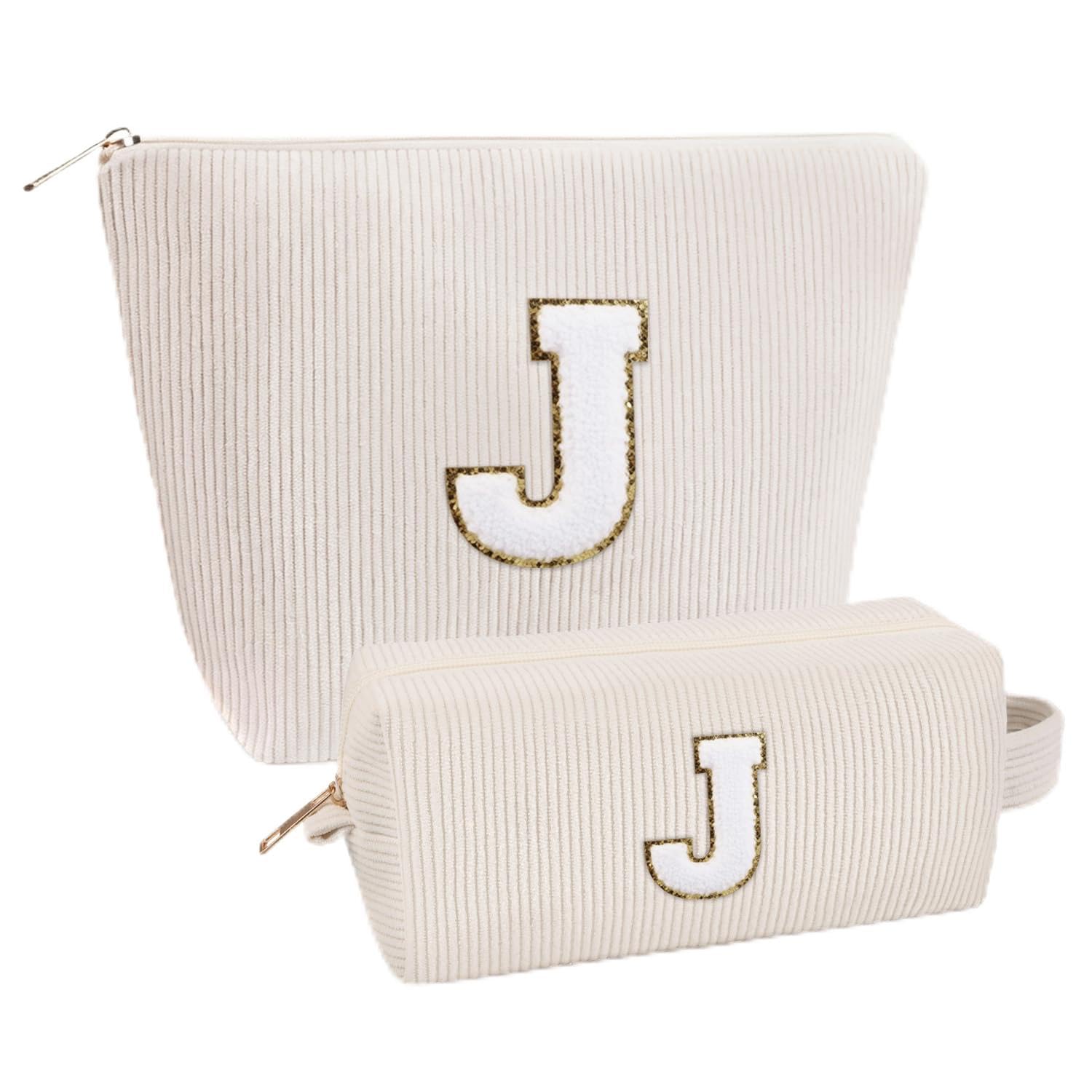 Giftota 2 Stück Personalisierte Kosmetiktasche Damen Cord Schminktasche, A–Z Make up Tasche mit Buchstaben, Kulturtasche für Reisen, Geschenk für Frauen Mädchen, Geburtstagsgeschenk für Frauen Mama J