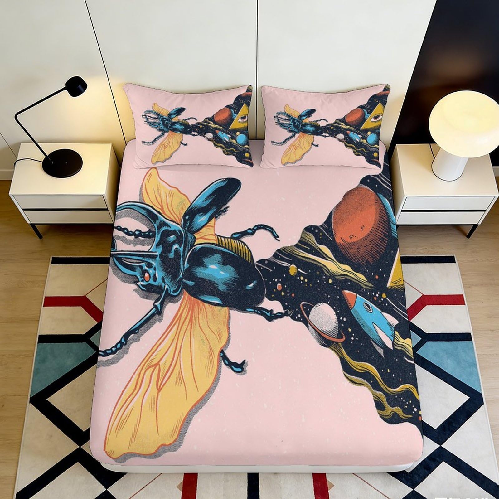 3D Printed Space Beetle Fitted Sheet Microfiber Soft Breathable Cosmic Planets Bed Cover for Bedroom Dorm Mattress Protection Decor 160x200x25cm