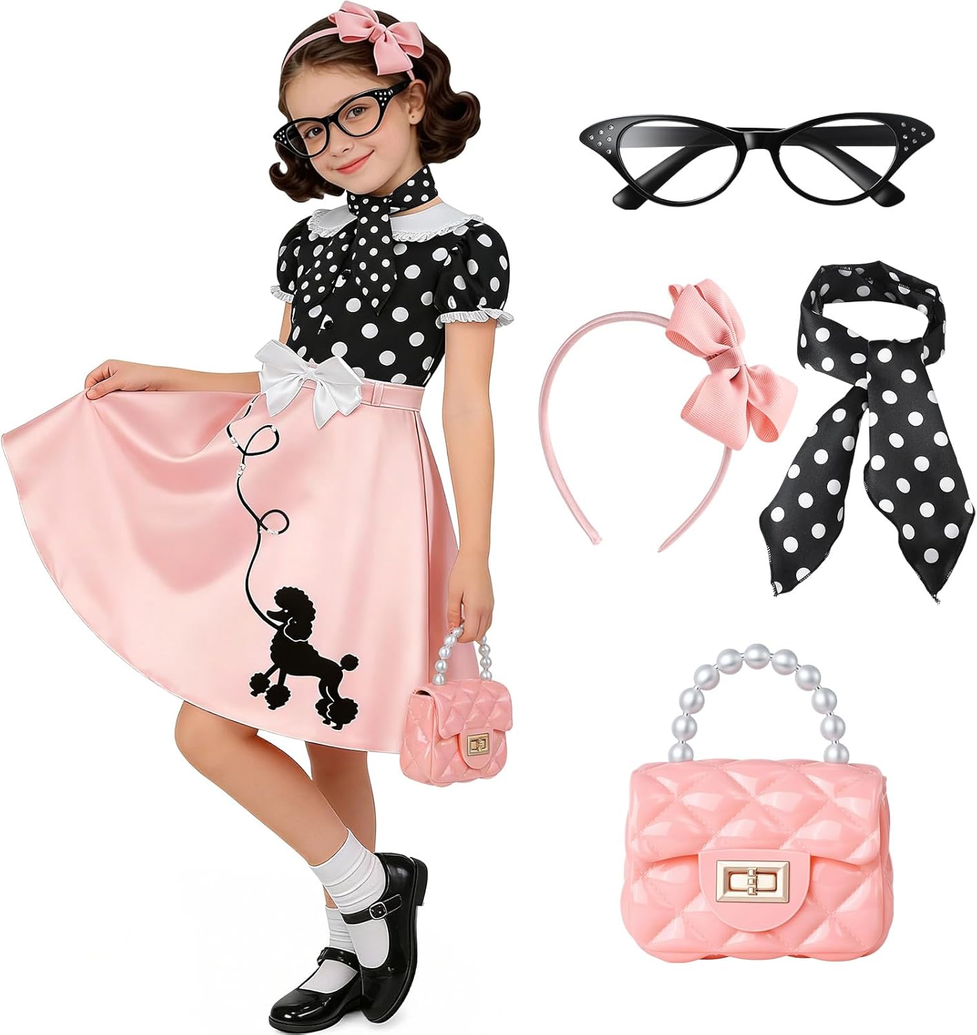 Latocos 50s Outfit Costume for Girls Kids 50s Poodle Skirt with Bag Shirt Glasses Scarf Headband Halloween Dress Up Party