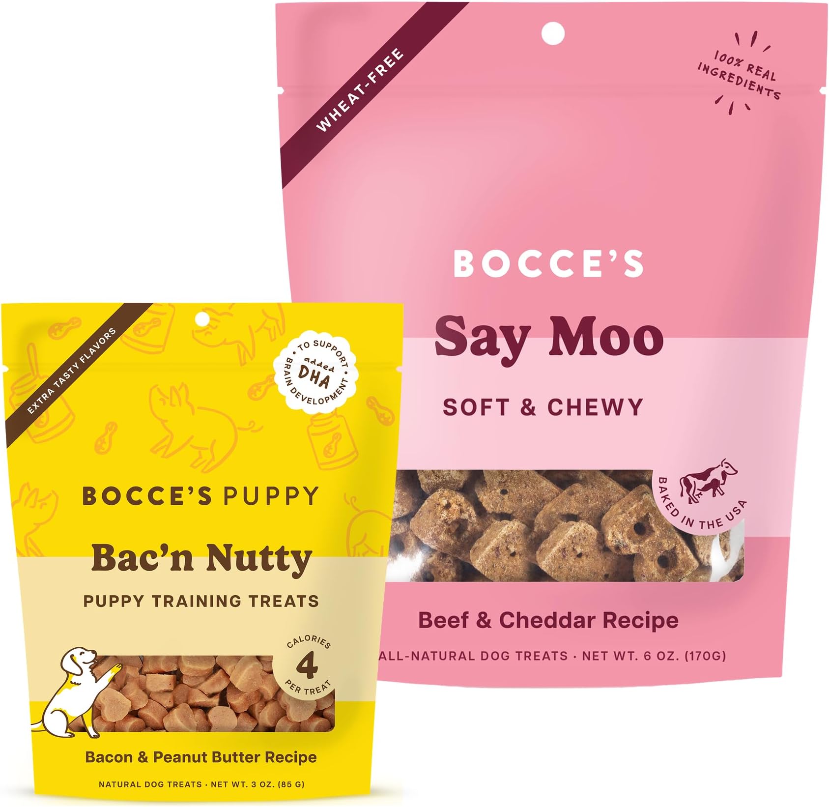 Bocce's Bakery Say Moo Cookie + Bac’n Nutty Training Dog Treat Bundle – Natural, Wheat-Free Soft & Chewy Cookies Made with Real Ingredients and Baked in The USA – 2 Pack Bundle