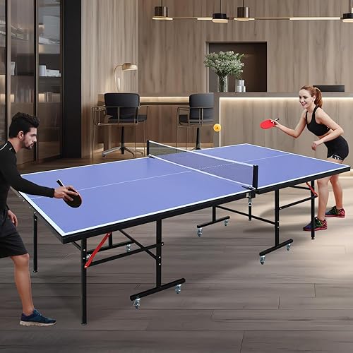 Miniatura 21 de IUNNDS Mesa de tenis de mesa portátil de 4.5/6/8/9 pies, juego de ping pong plegable para interiores con red y juego de postes, 2 paletas y 3