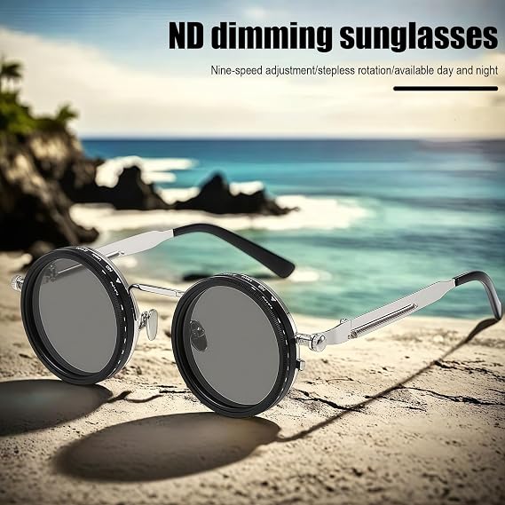 Adjustable Tint Polarised Round Sunglasses 1–9 Gear ND Filter Resin Lenses UV Protective Retro Eyewear Lightweight Non Slip Fit for Outdoor Driving Beach Travel