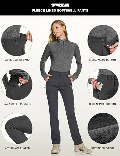 Miniatura 4 de TSLA Softshell - Pantalones de esquí de invierno para mujer, con forro polar, impermeables, pantalones de senderismo para trabajo al aire libre, con