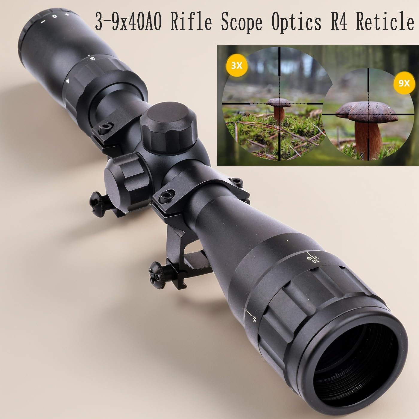 3-9x40AO Rifle Scope, R4 Reticle Crosshair, 40mm Objective Diameter, Mounts