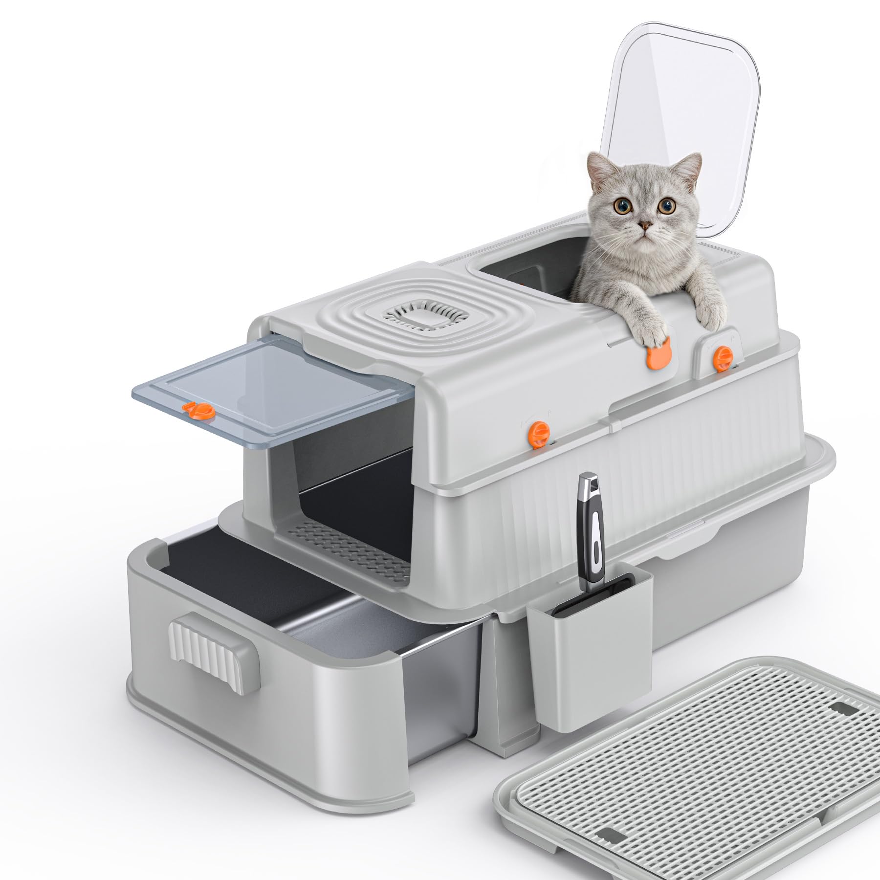 Soulbond Stainless Steel Cat Litter Box with Lid, Enclosed Large Metal Litter Box with Drawer and Flip Door for Big Cats, Top Entry, Odor Control, Easy to Clean (Light Grey)