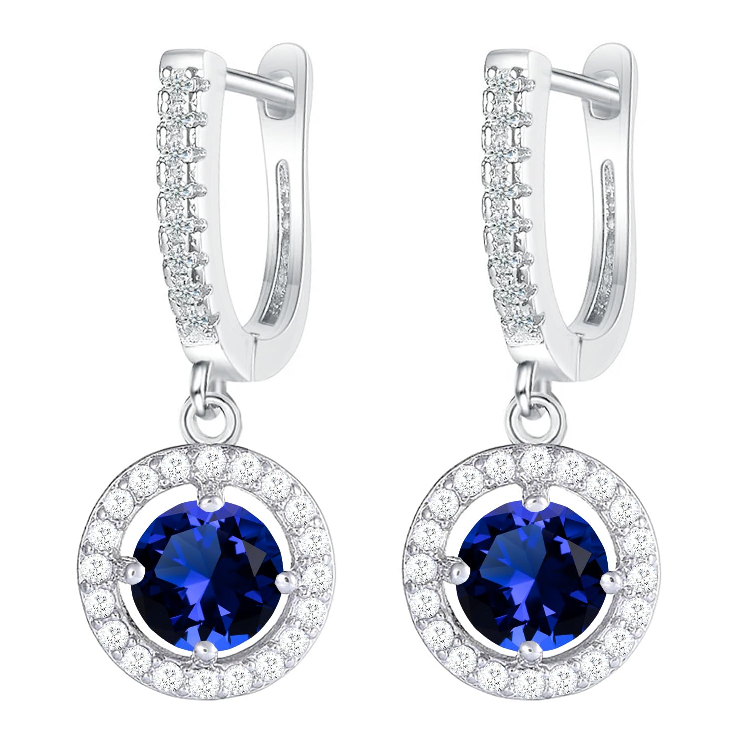 Damen Creolen Vergoldet mit Zirkonia Stein Anhänger Rund Ohrringe Hängend Glitzer Strass Rund Klein Kreolen Silber Saphir Blau Dunkelblau