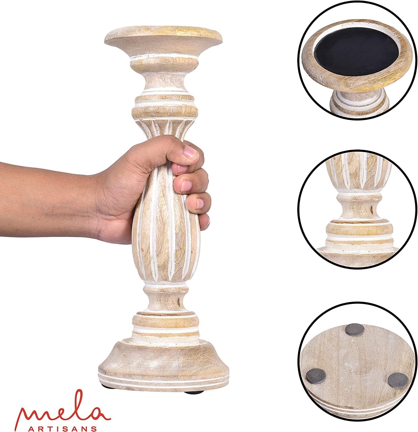 Mela Artisans Whitewashed Hand Carved Wooden Pillar Candle Holders - Set of 3 | Hana Decorative Style | Crafted from Mango Wood | Rustic Table Centerpiece Decor | Sized 6", 9" and 12"